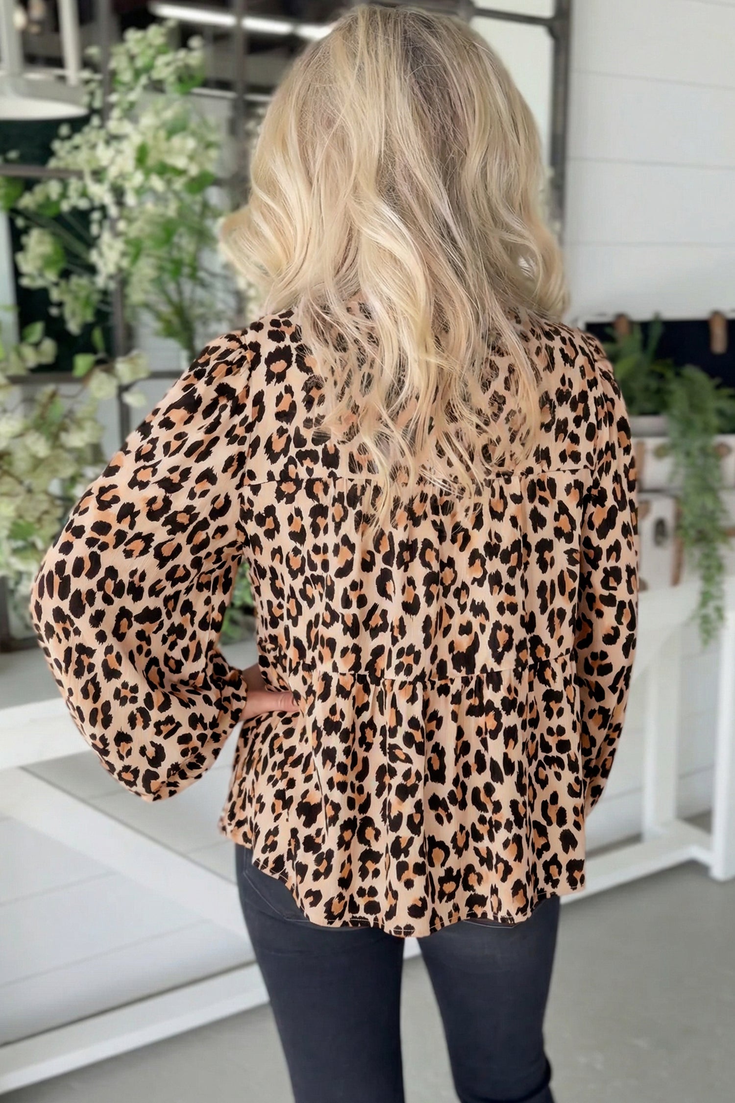 Khaki Leopard Print Tie Front Long Puff Sleeve Blouse-Tops/Blouses & Shirts-[Adult]-[Female]-2022 Online Blue Zone Planet