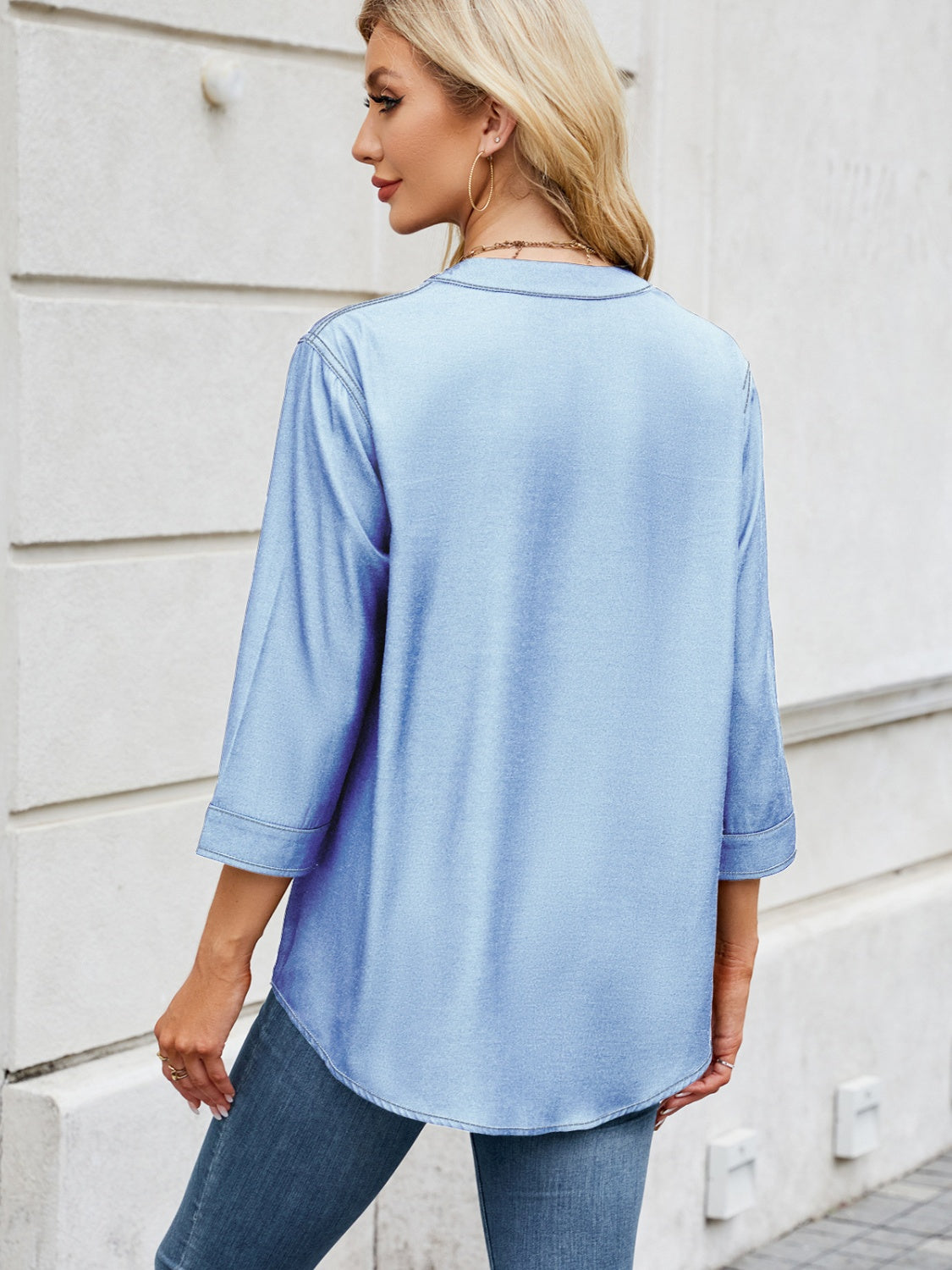 Notched Three-Quarter Sleeve Denim Top-TOPS / DRESSES-[Adult]-[Female]-2022 Online Blue Zone Planet