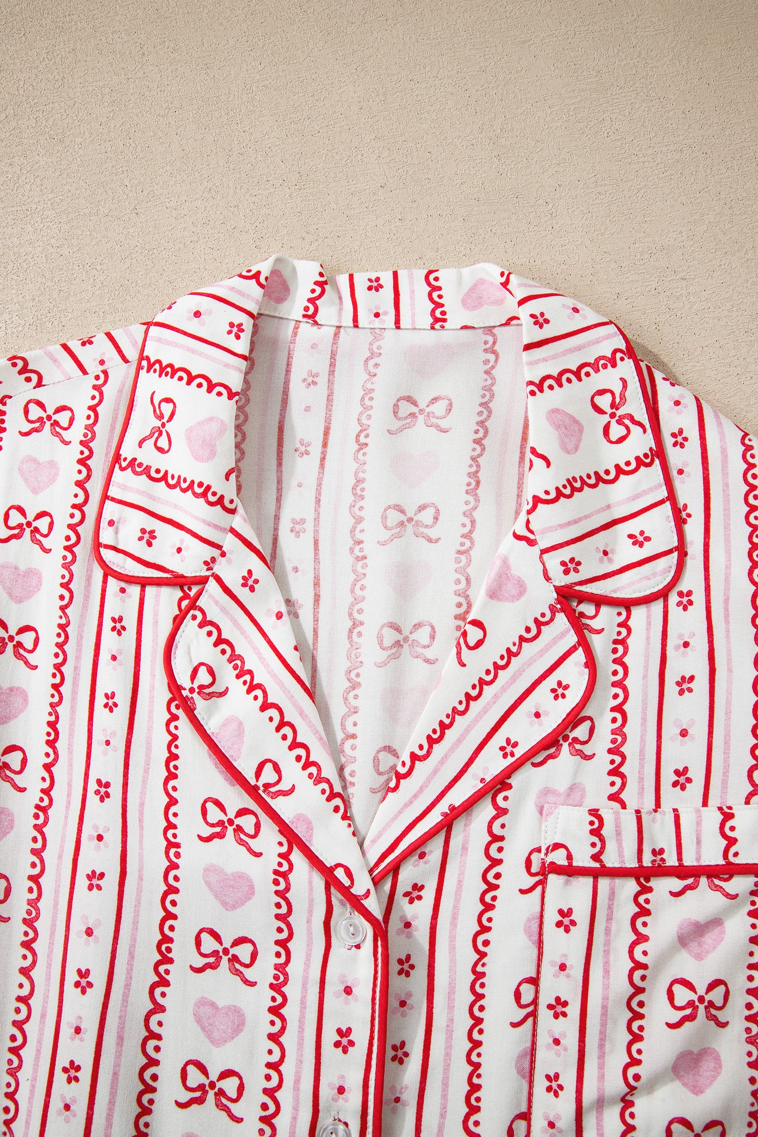 Red Cute Bow Heart Print Ribbon Decor Short 2pcs Pajama Set-Loungewear & Sleepwear/Sleepwear-[Adult]-[Female]-2022 Online Blue Zone Planet