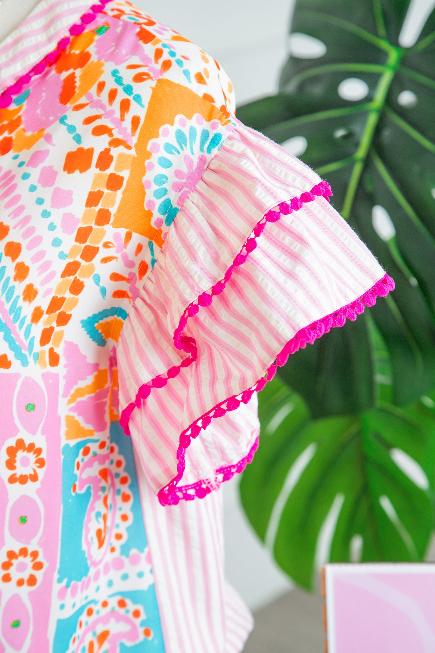 Rose Boho Mixed Print Contrast Trim Striped Patchwork Tiered Short Sleeve Blouse-Tops/Blouses & Shirts-[Adult]-[Female]-2022 Online Blue Zone Planet