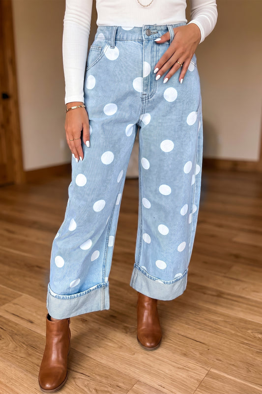 Sky Blue Polka Dot Ankle-Length Metal Button Casual Jeans-Bottoms/Jeans-[Adult]-[Female]-Sky Blue-4-2022 Online Blue Zone Planet