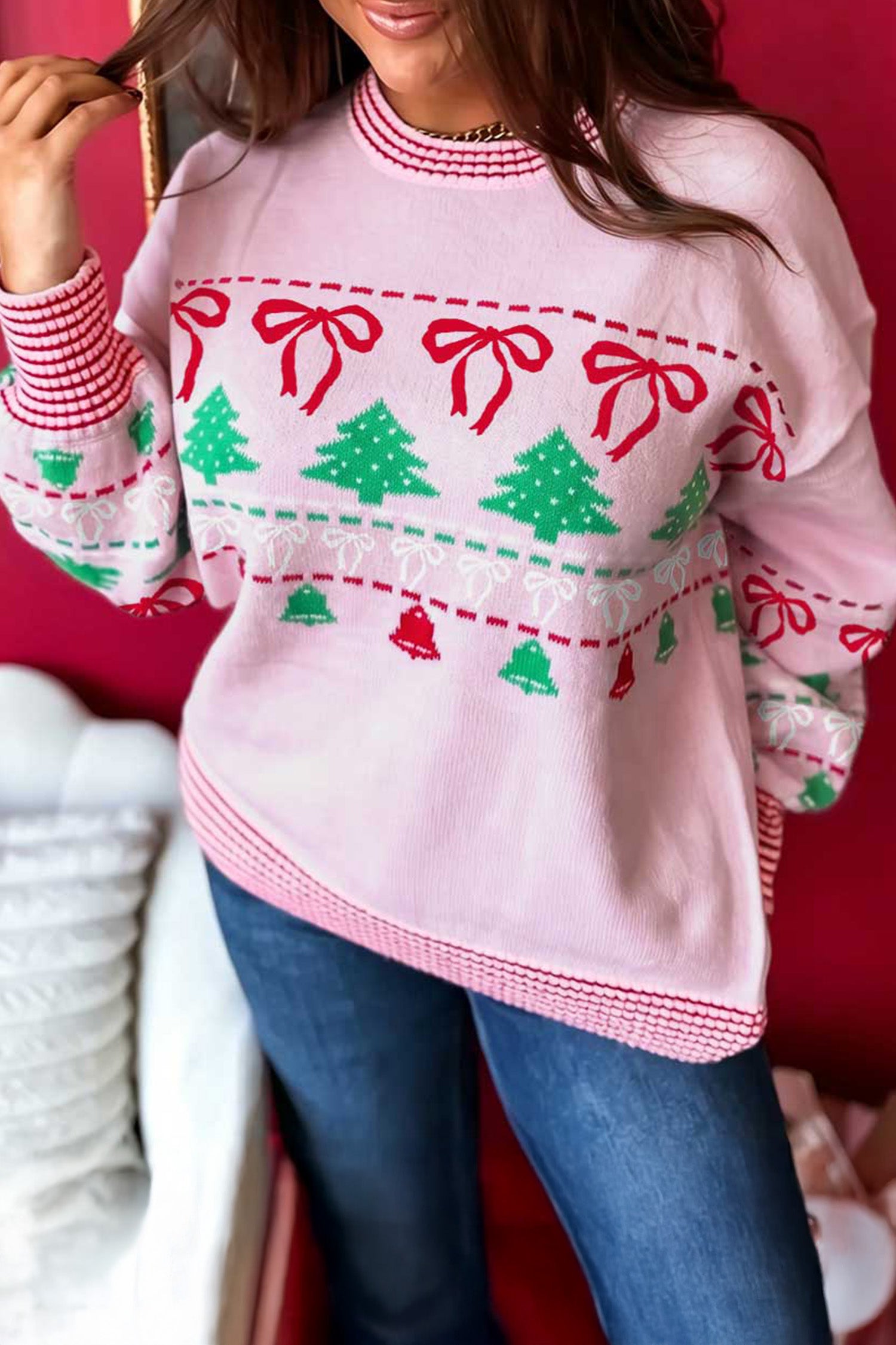 Pink Festive Holiday Print Round Neck Loose Tunic Sweater-Sweaters & Cardigans/Sweaters-[Adult]-[Female]-Pink-S-2022 Online Blue Zone Planet