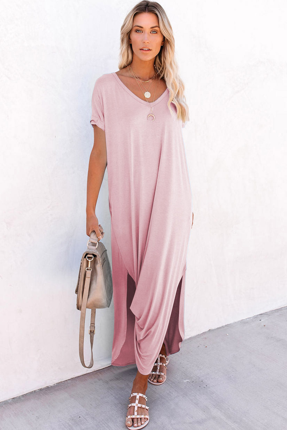 Pink V Neck Hidden Pocket Splits Maxi T-shirt Dress-TOPS / DRESSES-[Adult]-[Female]-2022 Online Blue Zone Planet