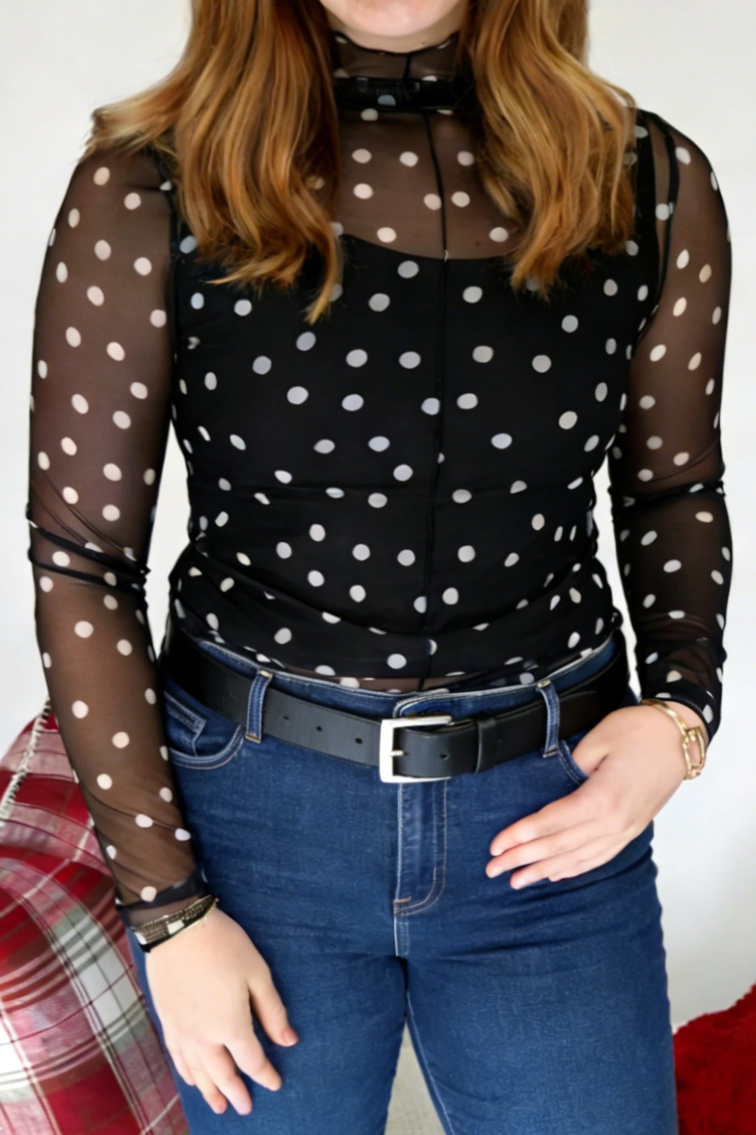 Black Plus Size Mock Neck Polka Dot Long Sleeve Mesh Top-Plus Size/Plus Size Tops/Plus Size Long Sleeve Tops-[Adult]-[Female]-Black-1X-2022 Online Blue Zone Planet