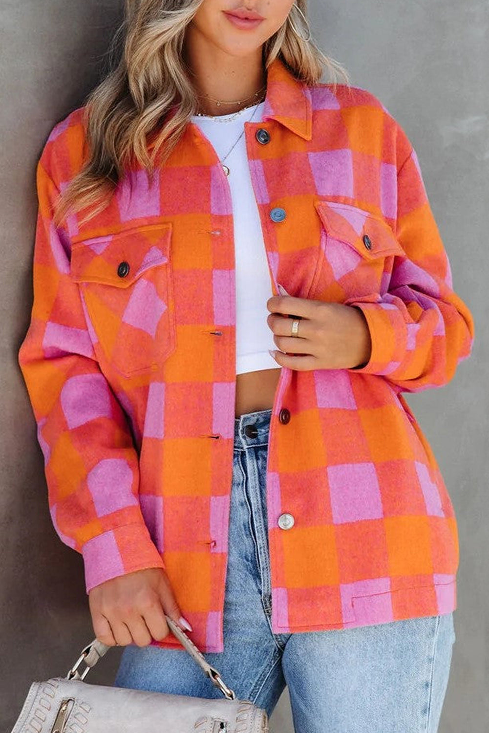 Blue Zone Planet | Orange Plaid Chest Pockets Button-up Turn Down Collar Jacket-Outerwear/Jackets-[Adult]-[Female]-Orange-S-2022 Online Blue Zone Planet