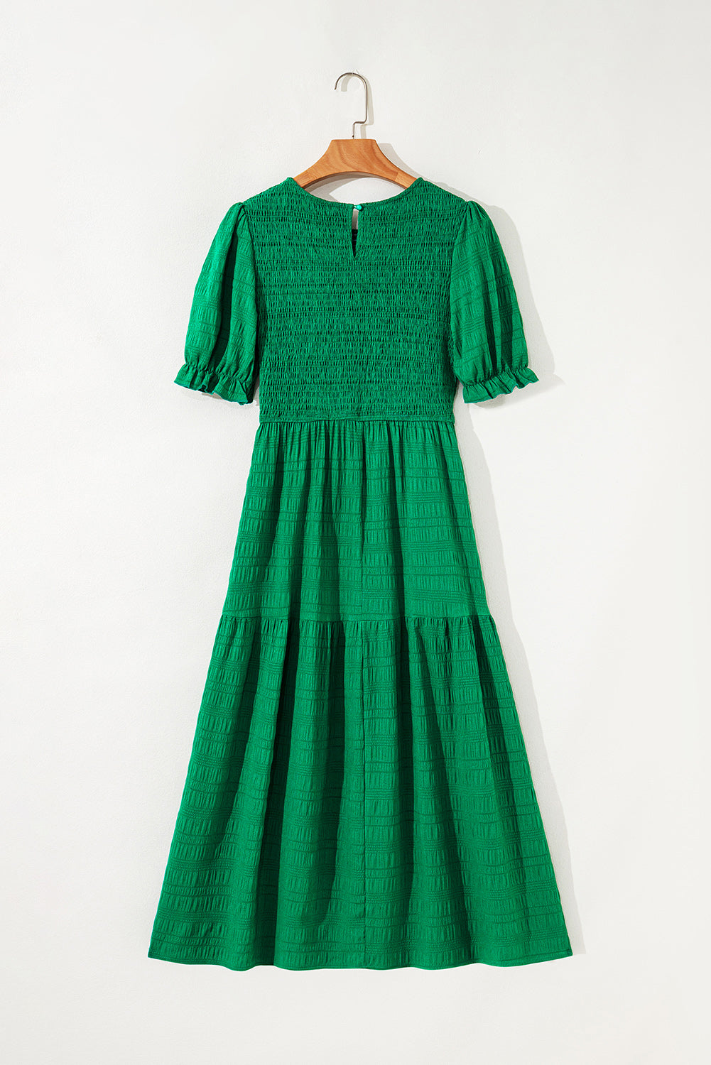 Dark Green Solid Textured Smocked Puff Short Sleeve High Waist Long Dress-TOPS / DRESSES-[Adult]-[Female]-2022 Online Blue Zone Planet
