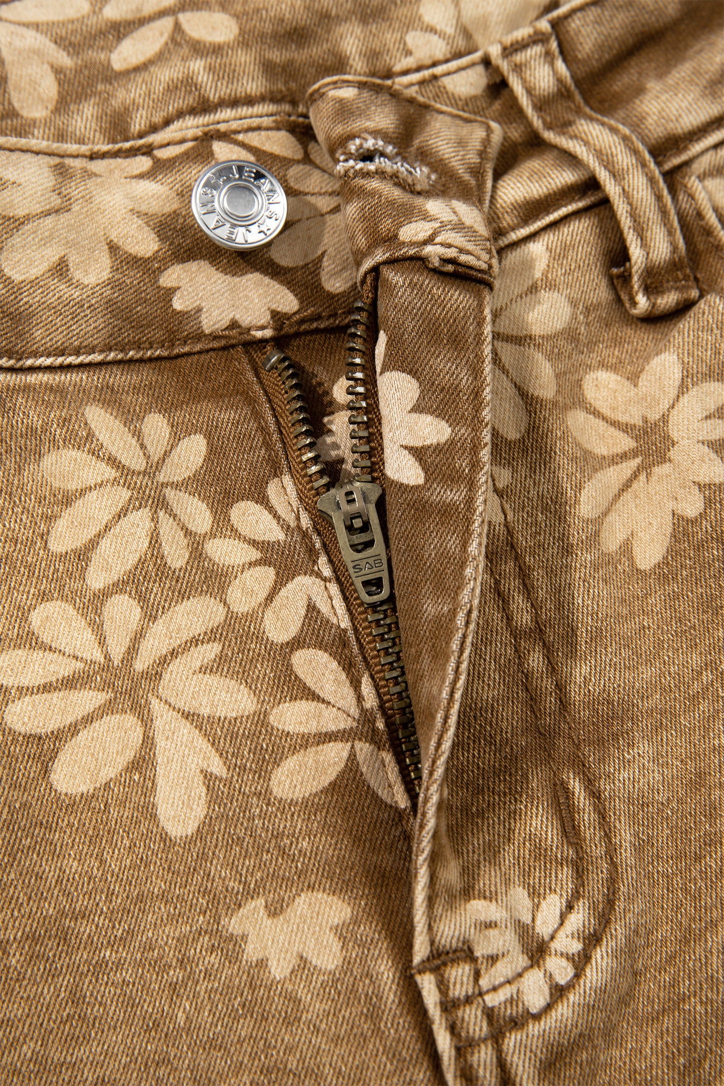 Khaki Floral Print Metal Button Pleated Straight Leg Jeans-Bottoms/Jeans-[Adult]-[Female]-2022 Online Blue Zone Planet