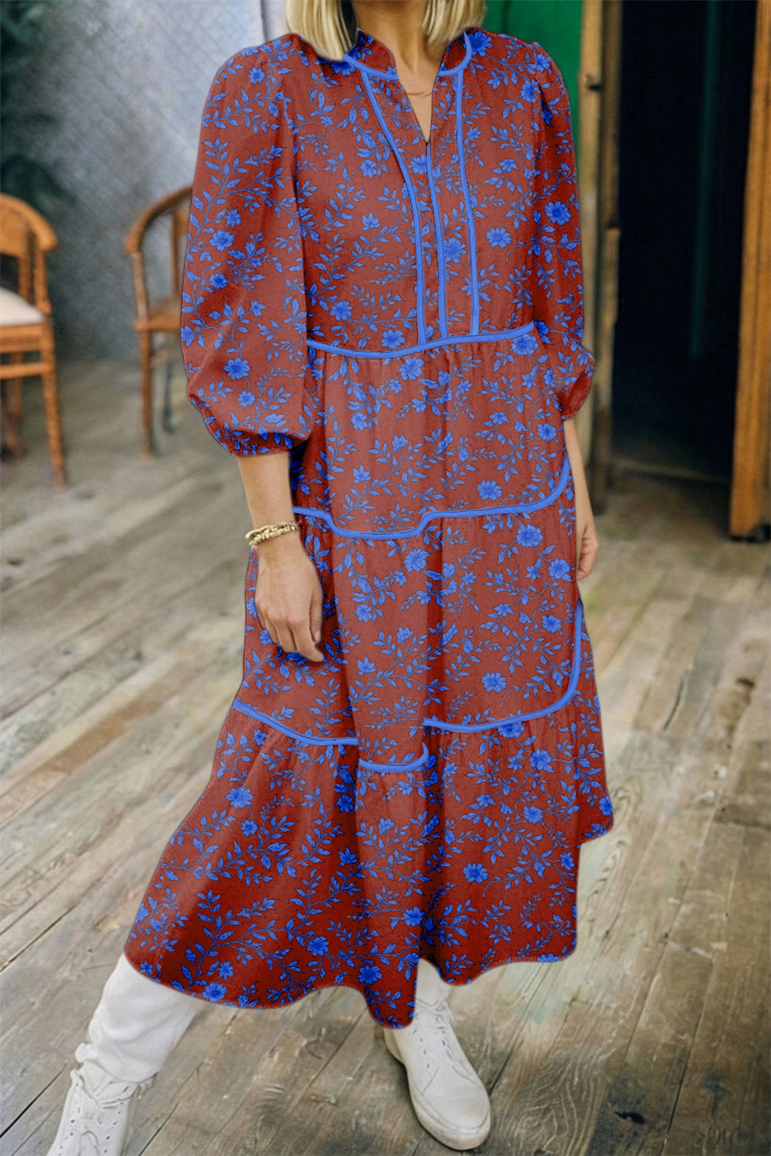 Sunny Angela Women's Bohemian Tiered Puff Sleeve A Line Floral Dress - Sunny Angela Brown / XL