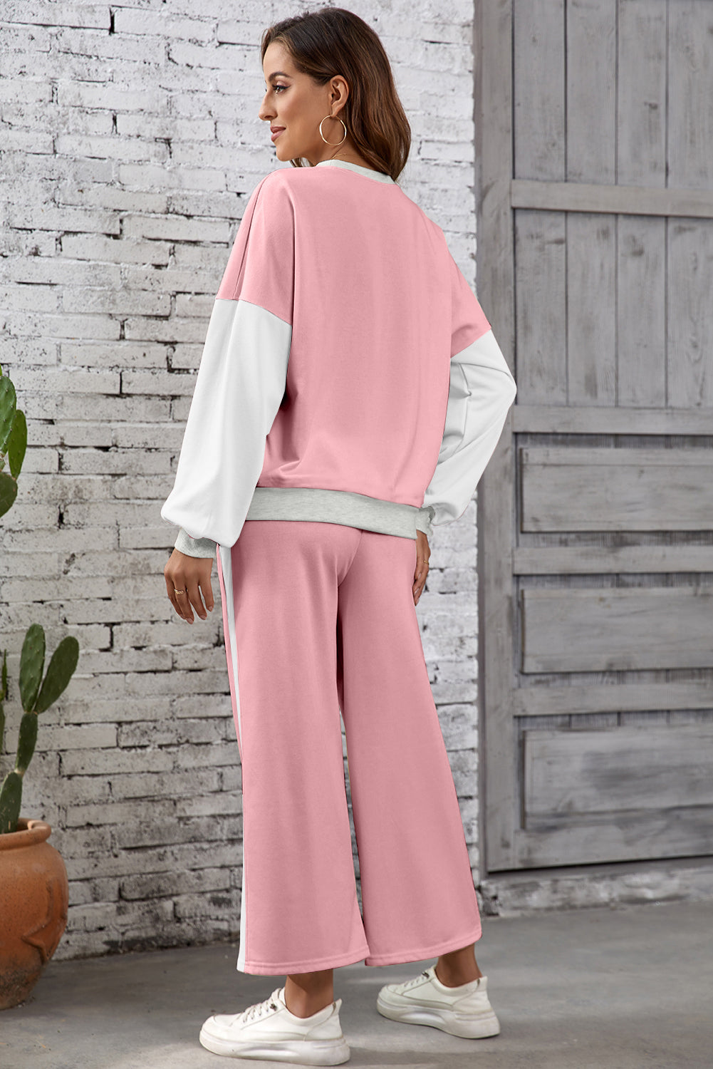 Chestnut 2pcs Color Block Pullover Loose Pant Set-Two Piece Sets/Pant Sets-[Adult]-[Female]-2022 Online Blue Zone Planet
