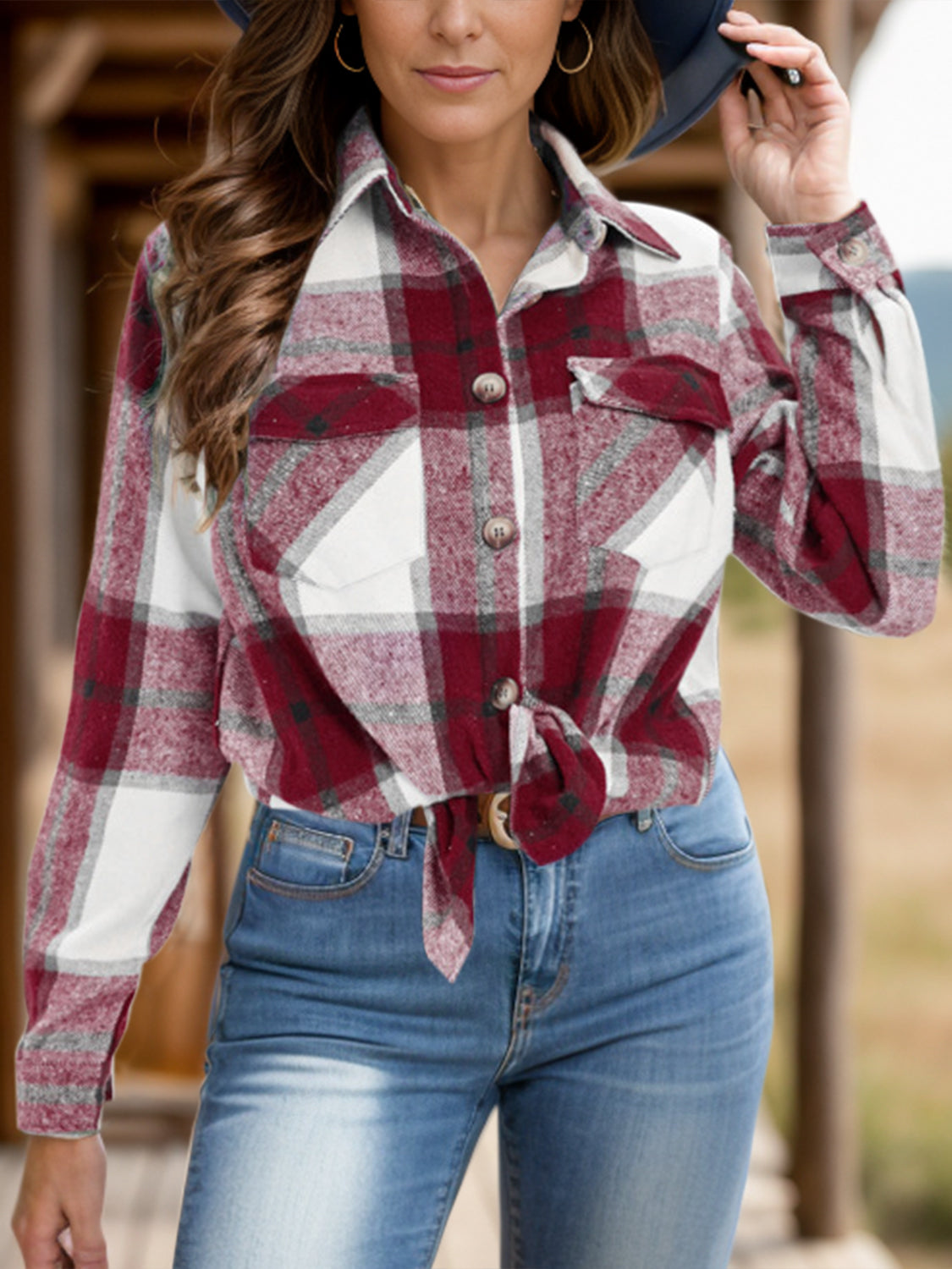 Full Size Pocketed Plaid Collared Neck Shacket-TOPS / DRESSES-[Adult]-[Female]-Burgundy-S-2022 Online Blue Zone Planet