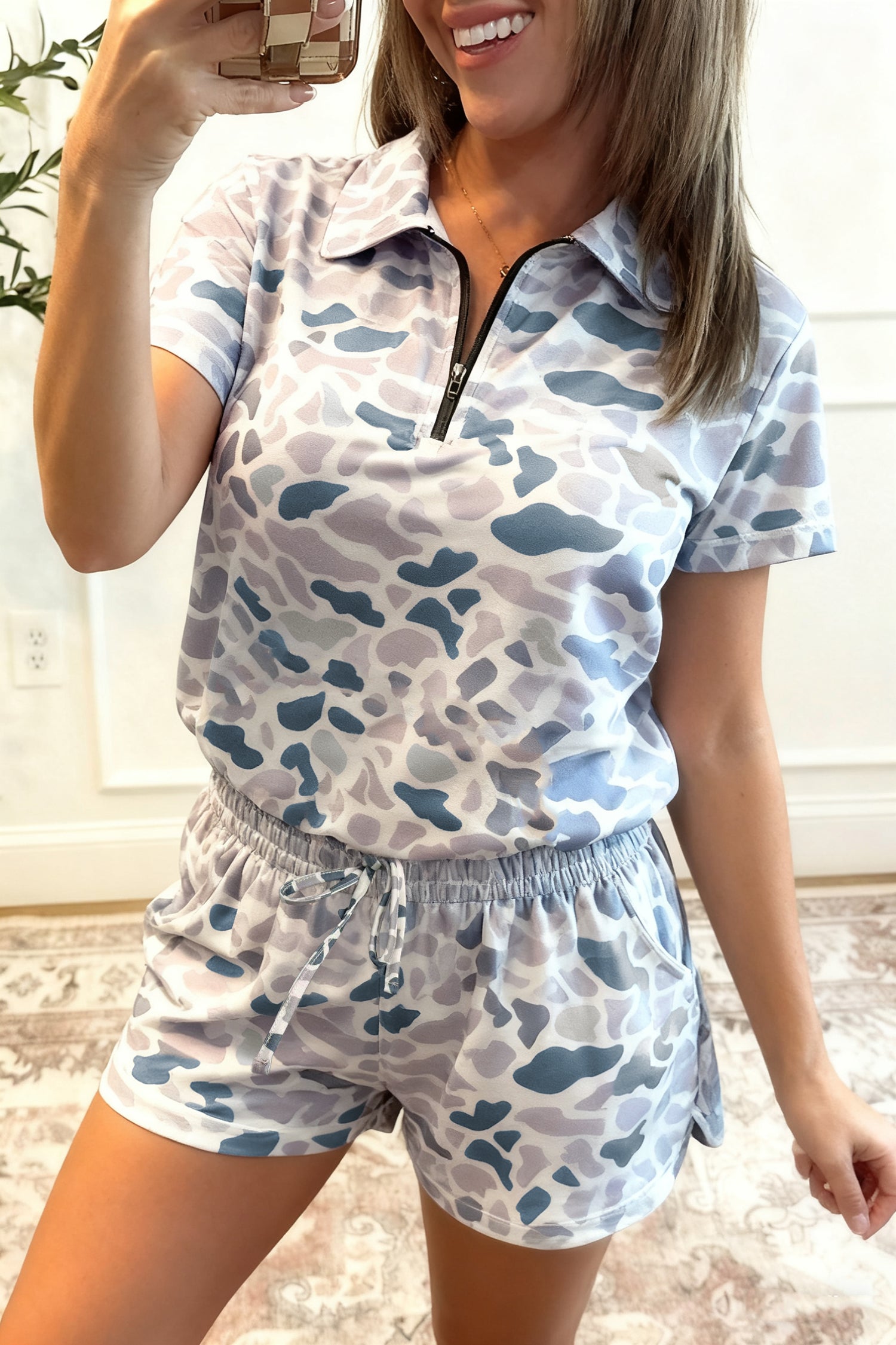 Multicolour Abstract Patterned Polo Collar T Shirt and Shorts Set-Two Piece Sets/Short Sets-[Adult]-[Female]-Multicolour-S-2022 Online Blue Zone Planet