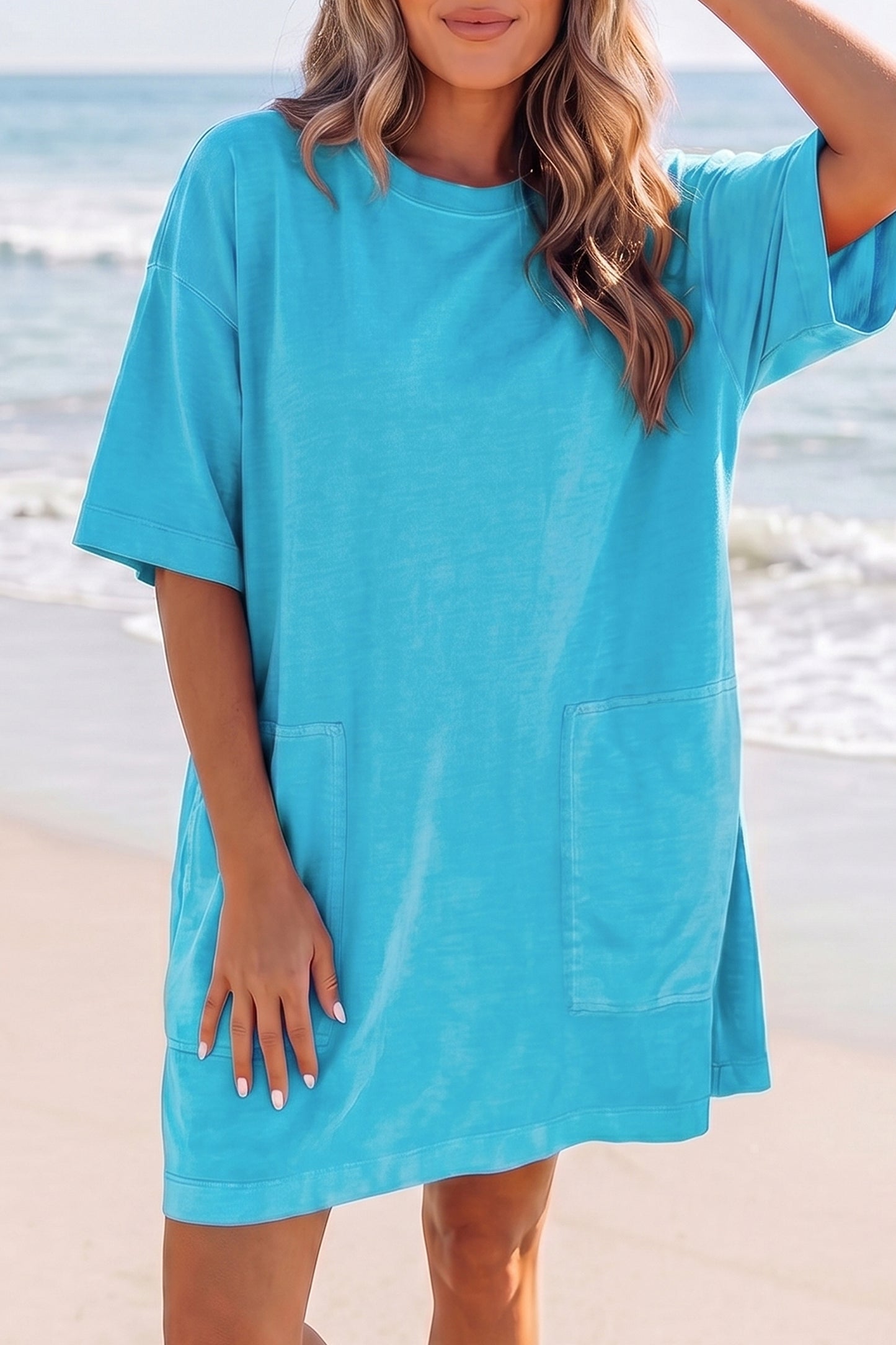Light Blue Drop Shoulder Loose Casual T Shirt Mini Dress-Dresses/T Shirt Dresses-[Adult]-[Female]-Light Blue-S-2022 Online Blue Zone Planet