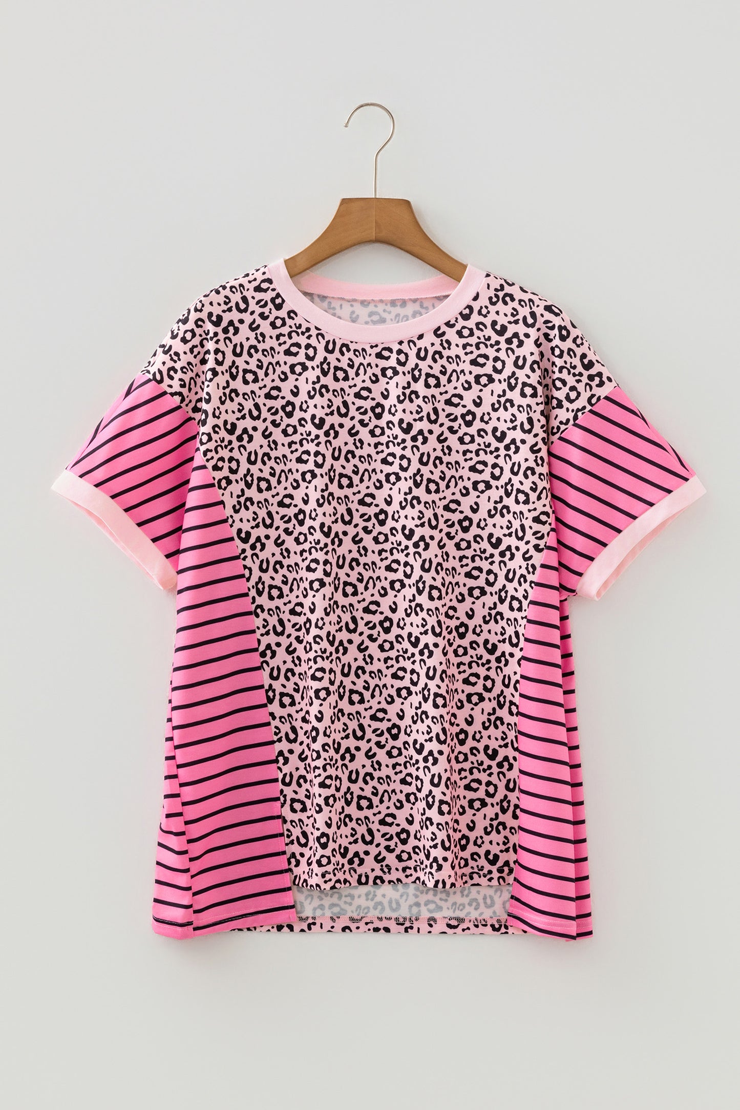 Pink Leopard Striped Contrast Patchwork Plus Size Tee-Plus Size/Plus Size Tops/Plus Size Tops & Tees-[Adult]-[Female]-2022 Online Blue Zone Planet