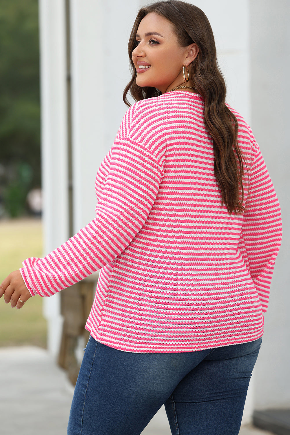 Blue Zone Planet | Rose Stripe Round Neck Drop Shoulder Long Sleeve Top-Tops/Long Sleeve Tops-[Adult]-[Female]-2022 Online Blue Zone Planet