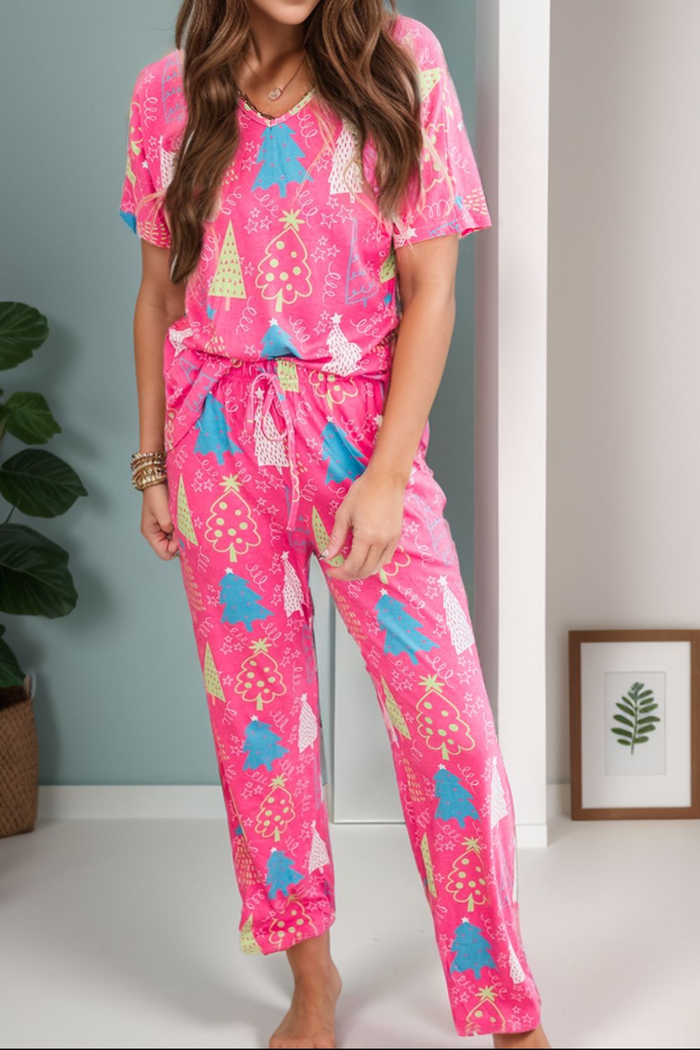 Printed V-Neck Short Sleeve Top and Pants Lounge Set-TOPS / DRESSES-[Adult]-[Female]-Hot Pink-S-2022 Online Blue Zone Planet