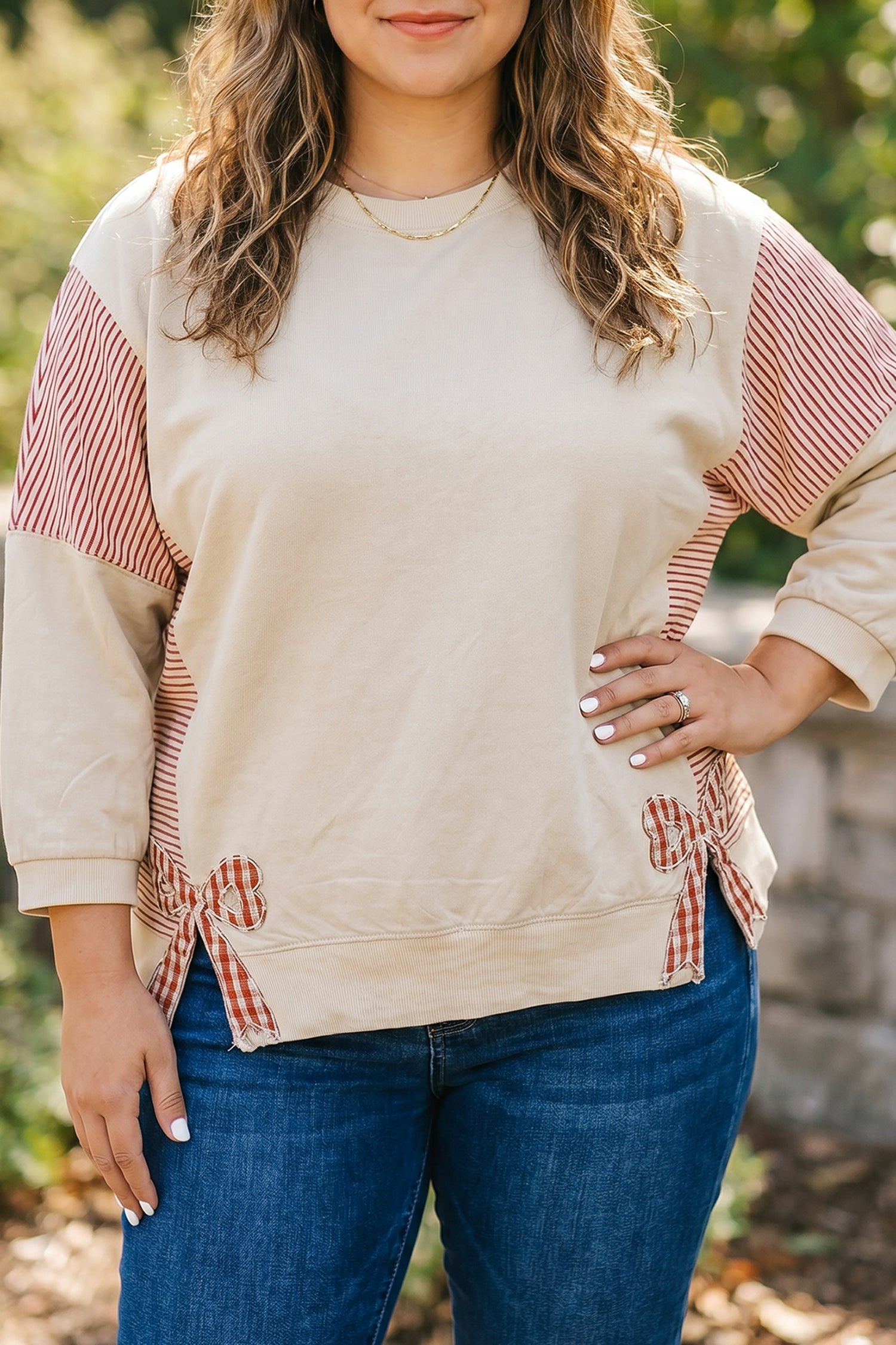 Parchment Striped Colorblock Patchwork Bow Detail Bracelet Sleeve Plus Size Top-Bracelet-[Adult]-[Female]-Parchment-1X-2022 Online Blue Zone Planet