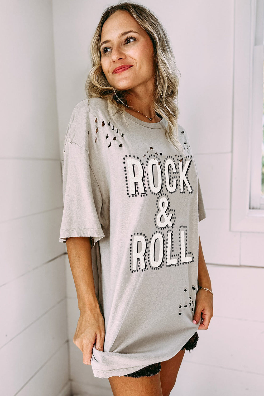 Gray Rock & Roll Graphic Distressed Vintage Tee-Tops/Tops & Tees-[Adult]-[Female]-2022 Online Blue Zone Planet