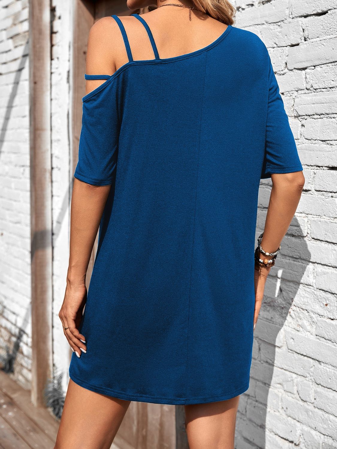 Asymmetrical Neck Half Sleeve Mini Dress-TOPS / DRESSES-[Adult]-[Female]-2022 Online Blue Zone Planet