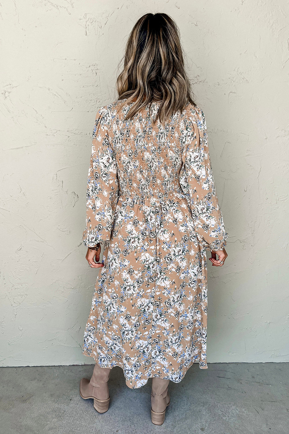 Khaki Floral Smocked Puff Sleeve Maxi Dress-Maxi Dresses-[Adult]-[Female]-2022 Online Blue Zone Planet
