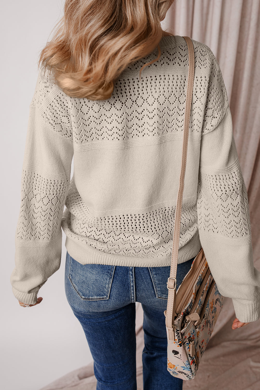 Brown Eyelet Pattern Detail V Neck Drop Shoulder Sweater-Sweaters & Cardigans/Sweaters-[Adult]-[Female]-2022 Online Blue Zone Planet