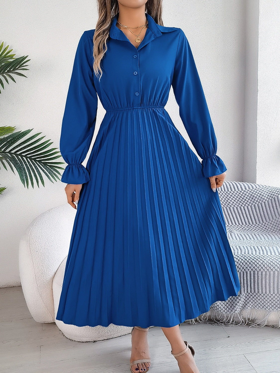 Blue Zone Planet | Pleated Half Button Long Sleeve Midi Dress-TOPS / DRESSES-[Adult]-[Female]-2022 Online Blue Zone Planet