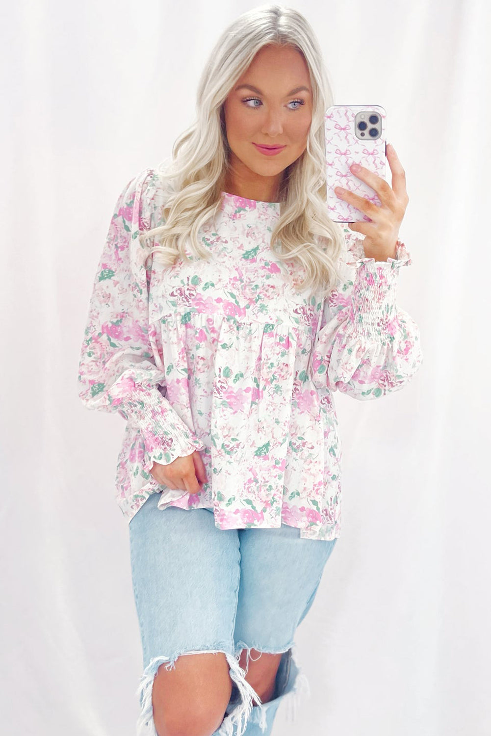 Pink Floral Print Shirred Balloon Sleeve Keyhole Back Babydoll Blouse-Tops/Blouses & Shirts-[Adult]-[Female]-2022 Online Blue Zone Planet