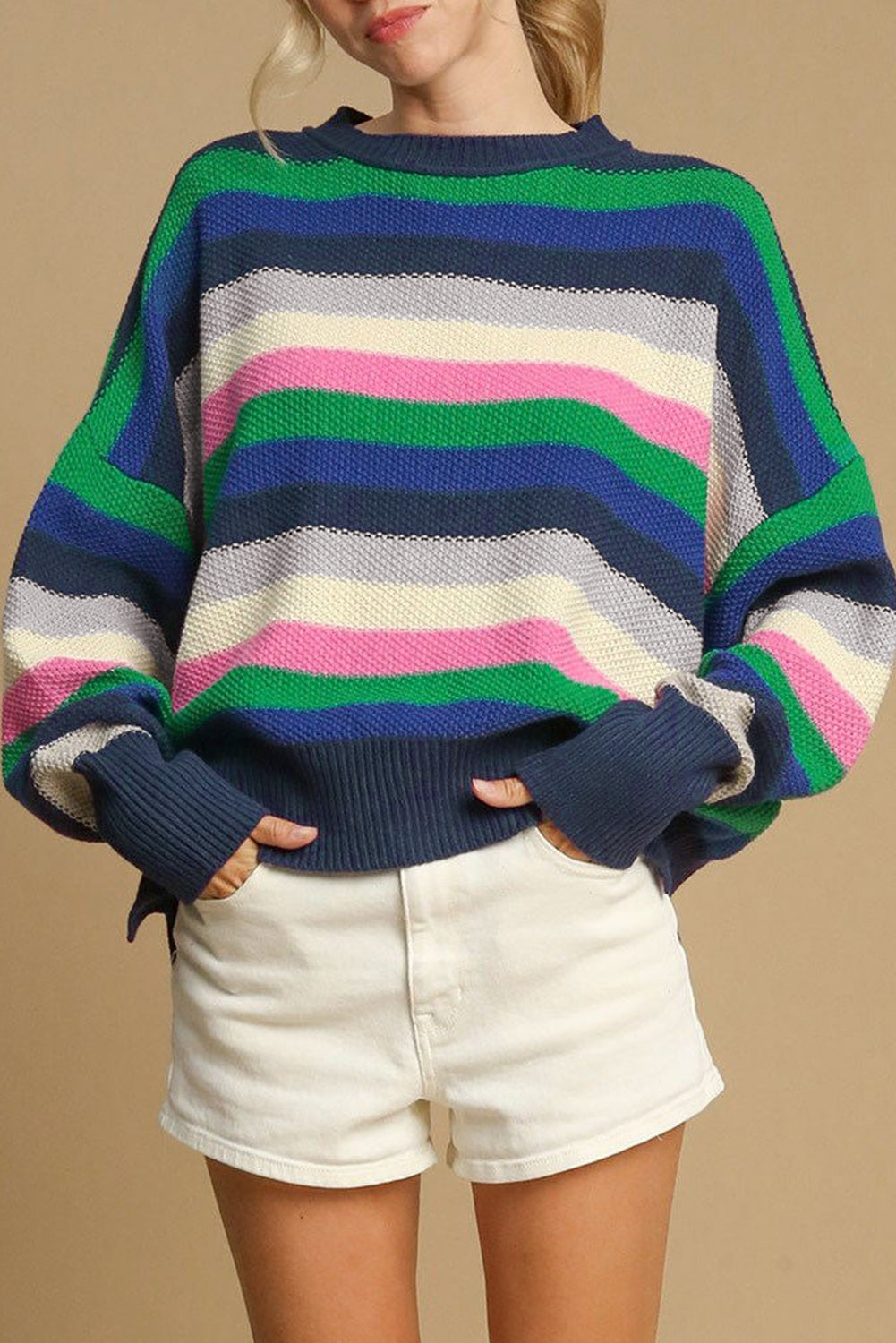 Blue Zone Planet | Bright Green Rainbow Striped Crew Neck Drop Shoulder Sweater-Sweaters & Cardigans/Sweaters-[Adult]-[Female]-Bright Green-S-2022 Online Blue Zone Planet