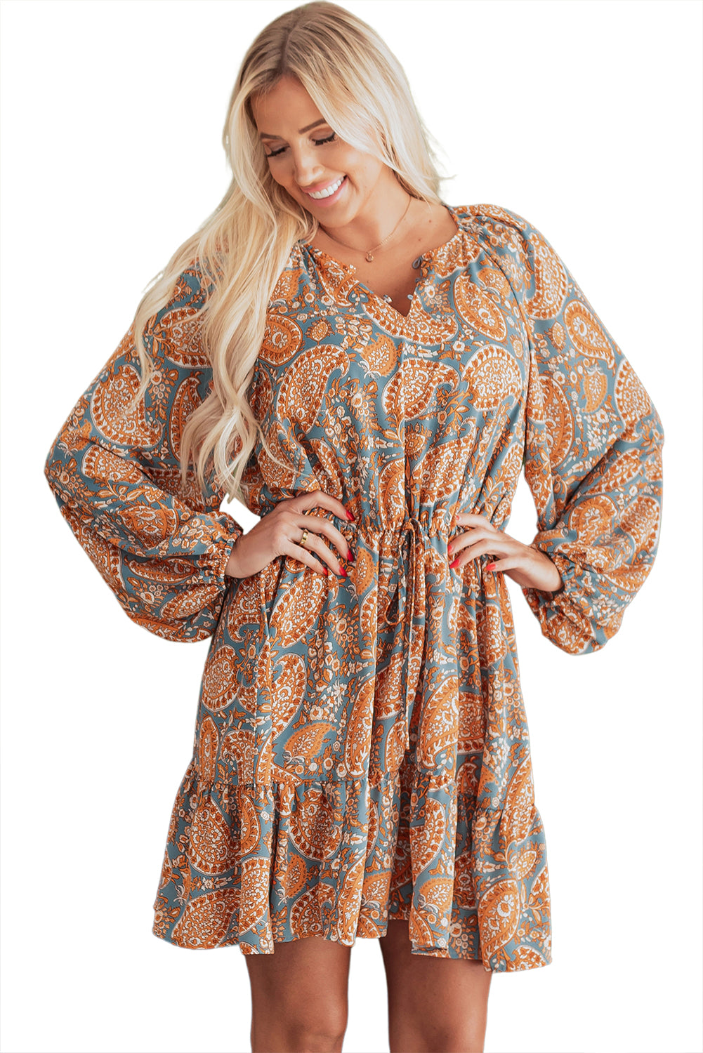 Blue Zone Planet | Orange Paisley Print Loose Fit Drawstring High Waist Mini Dress-TOPS / DRESSES-[Adult]-[Female]-2022 Online Blue Zone Planet