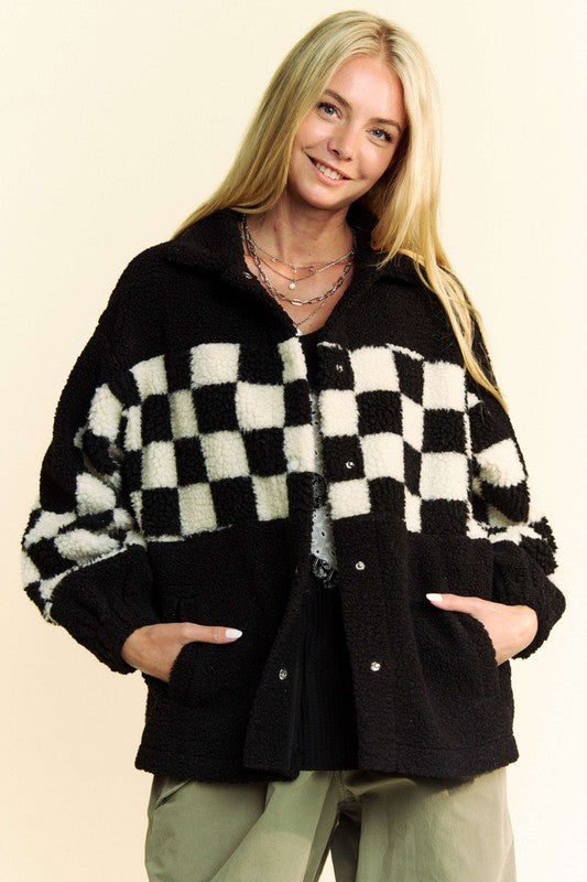 Davi & Dani Full Size Checkered Snap Down Faux Fur Jacket-TOPS / DRESSES-[Adult]-[Female]-Black-S-2022 Online Blue Zone Planet