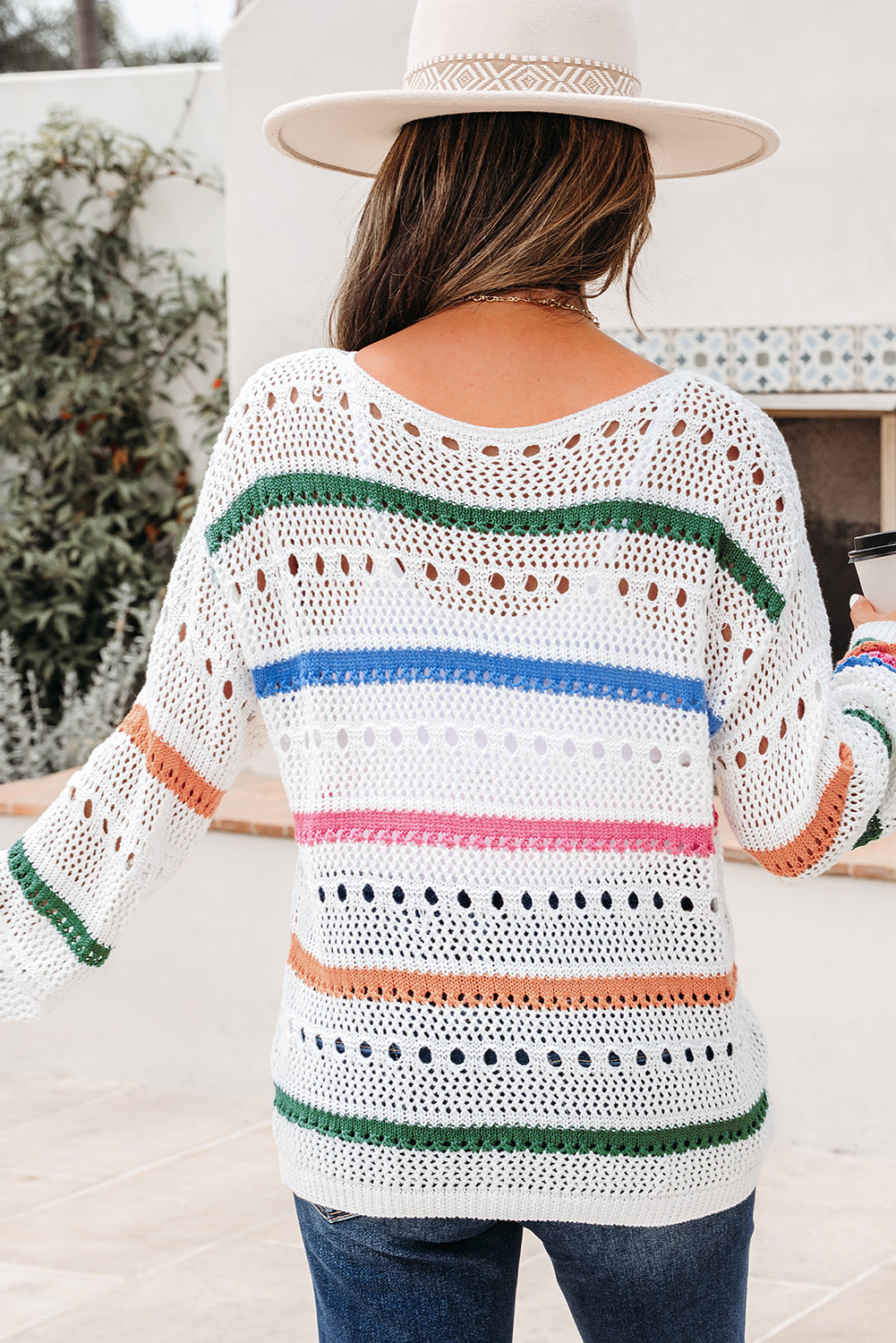 White Color Block Striped Pointelle Knit Sweater-TOPS / DRESSES-[Adult]-[Female]-2022 Online Blue Zone Planet