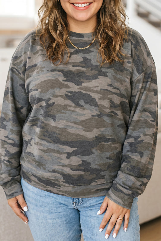 Green Camo Print Long Sleeve Plus Size Blouse-Plus Size/Plus Size Tops/Plus Size Long Sleeve Tops-[Adult]-[Female]-Green-1X-2022 Online Blue Zone Planet