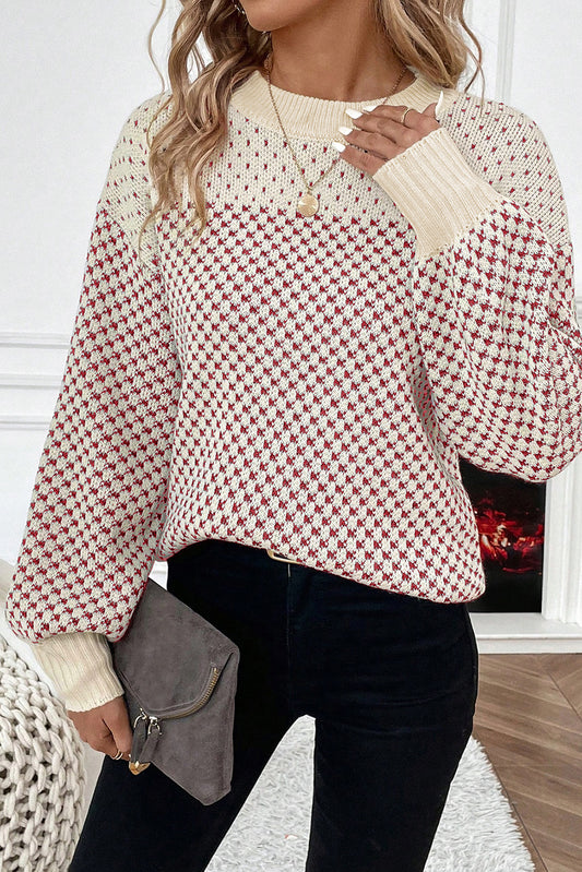 Red Contrast Color Pattern Lantern Sleeve Sweater-Sweaters & Cardigans/Sweaters-[Adult]-[Female]-Red-S-2022 Online Blue Zone Planet