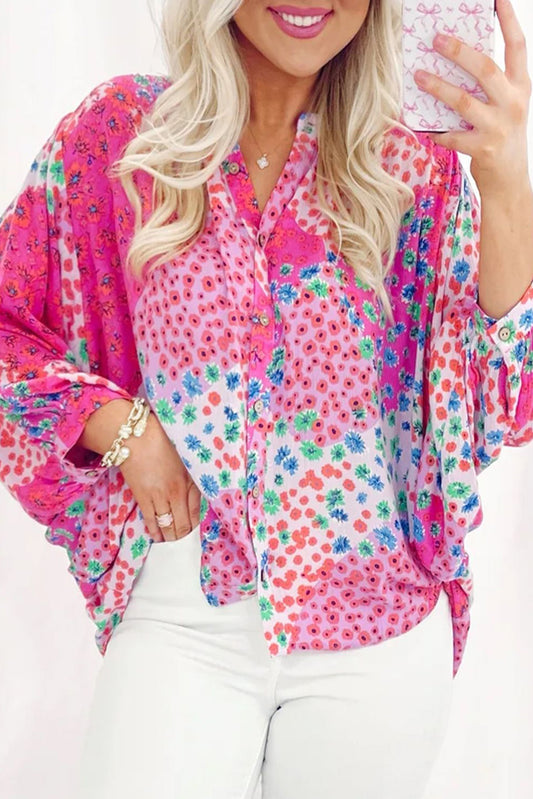 Rose Red Floral Allover Print Buttoned V Neck Oversized Shirt-Tops/Blouses & Shirts-[Adult]-[Female]-Rose Red-S-2022 Online Blue Zone Planet