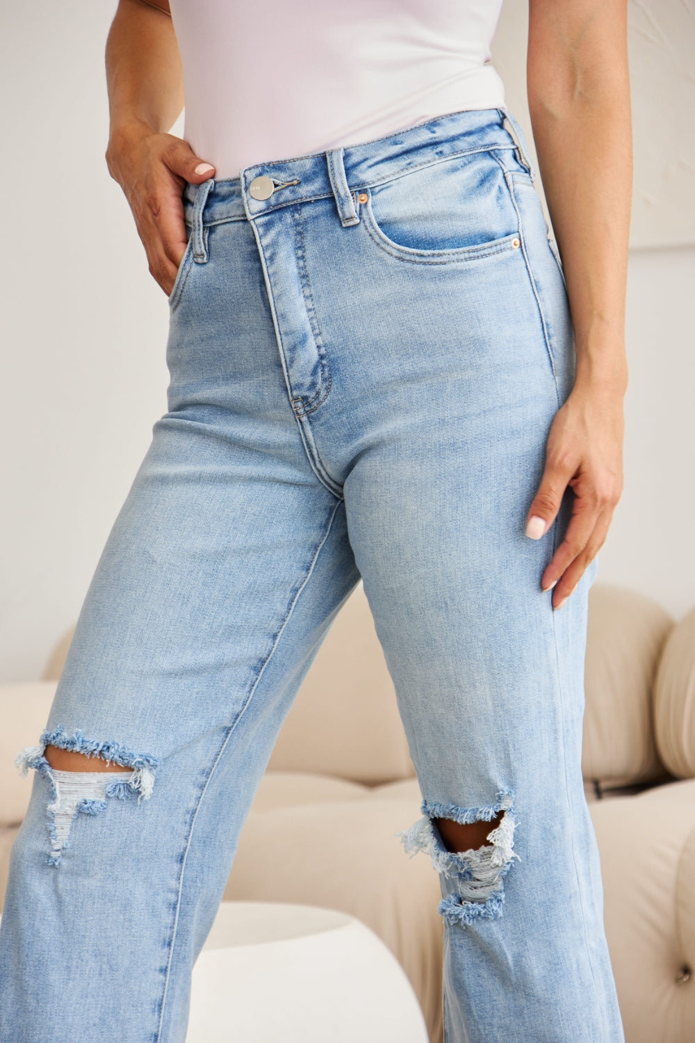 Blue Zone Planet | RFM Full Size Tummy Control High Waist Raw Hem Distressed Jeans-BOTTOMS SIZES SMALL MEDIUM LARGE-[Adult]-[Female]-2022 Online Blue Zone Planet