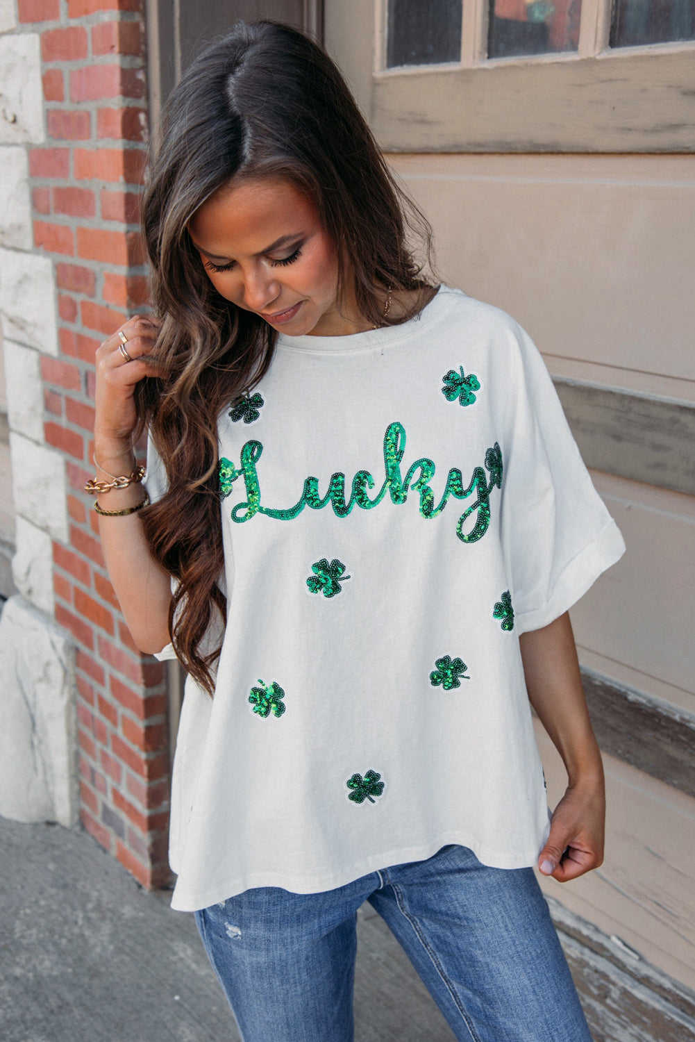 White St Patrick Lucky Clover Sequin Graphic T Shirt-T Shirts-[Adult]-[Female]-2022 Online Blue Zone Planet