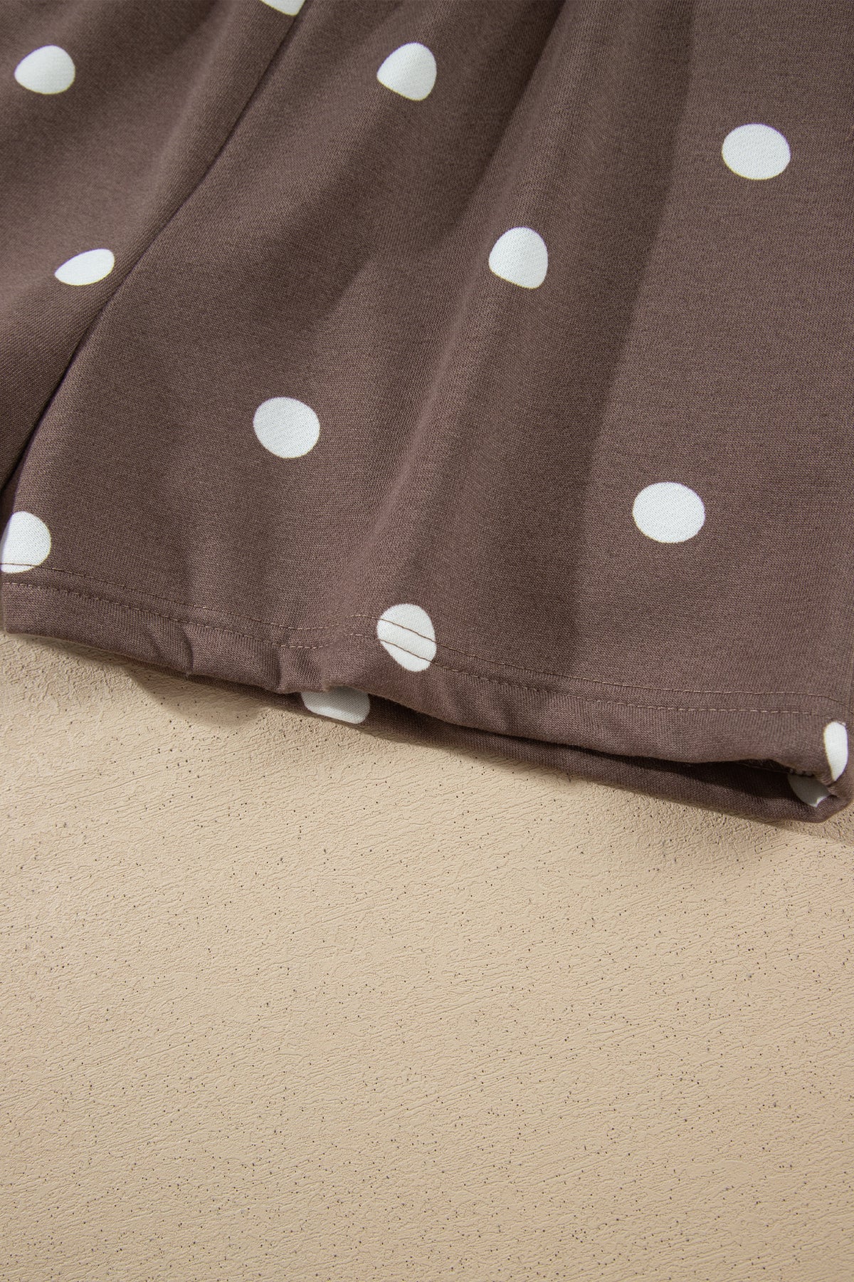 Brown Polka Dot Ribbed Trim Long Sleeve Top Casual Short Set-Two Piece Sets/Short Sets-[Adult]-[Female]-2022 Online Blue Zone Planet