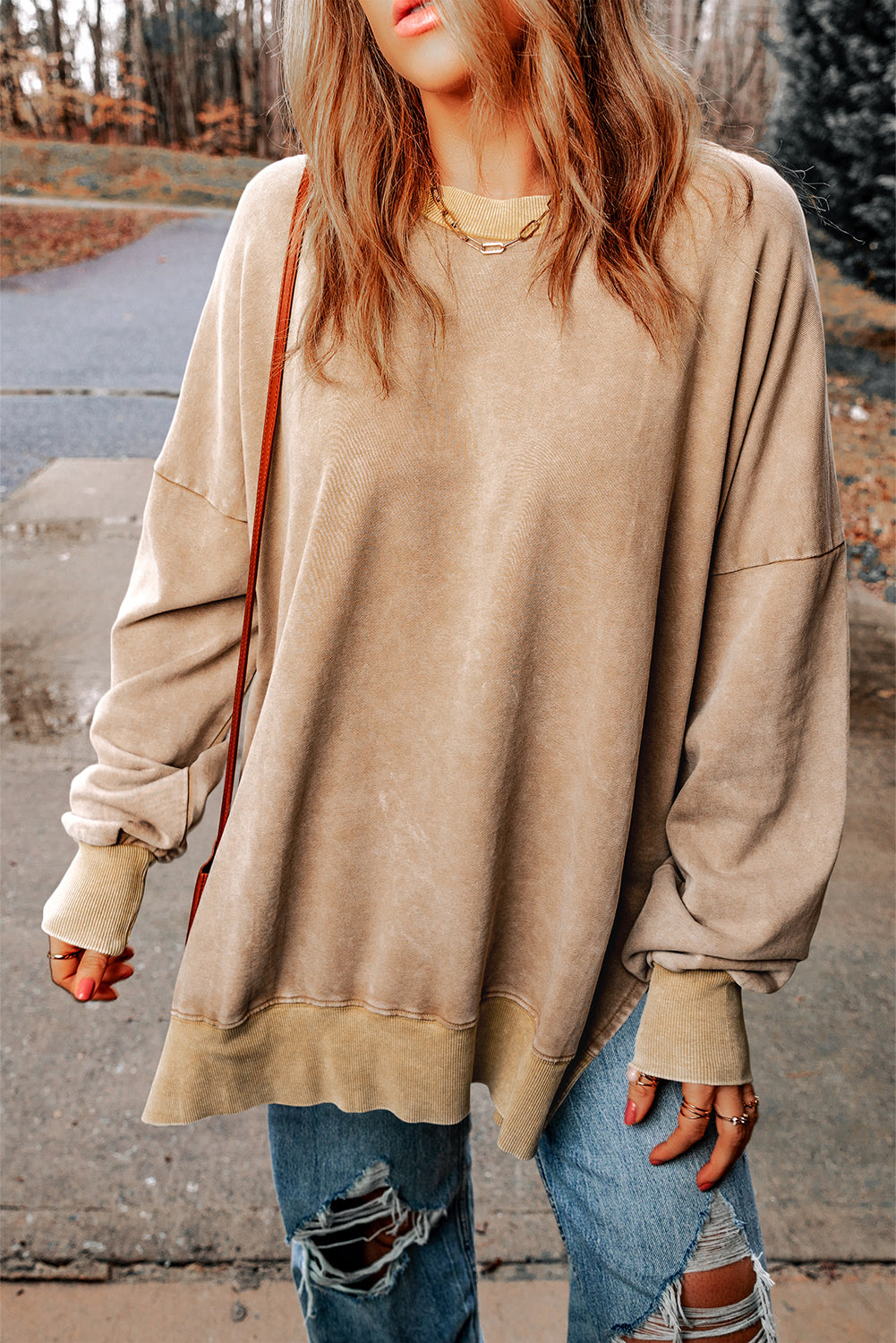 Khaki Drop Shoulder Ribbed Trim Oversized Sweatshirt-Tops/Sweatshirts & Hoodies-[Adult]-[Female]-Khaki-S-2022 Online Blue Zone Planet