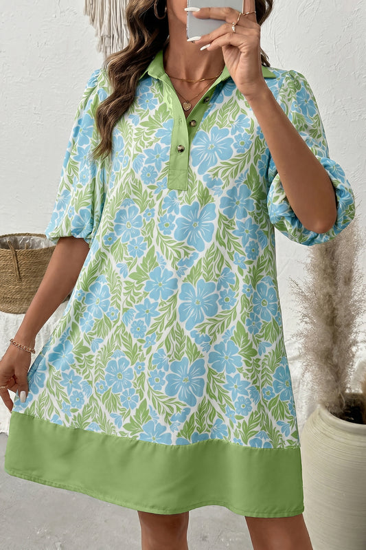 Sky Blue Floral Print Color Block Patchwork Shirt Collar Half Sleeve Mini Dress-Dresses/Mini Dresses-[Adult]-[Female]-Sky Blue-S-2022 Online Blue Zone Planet
