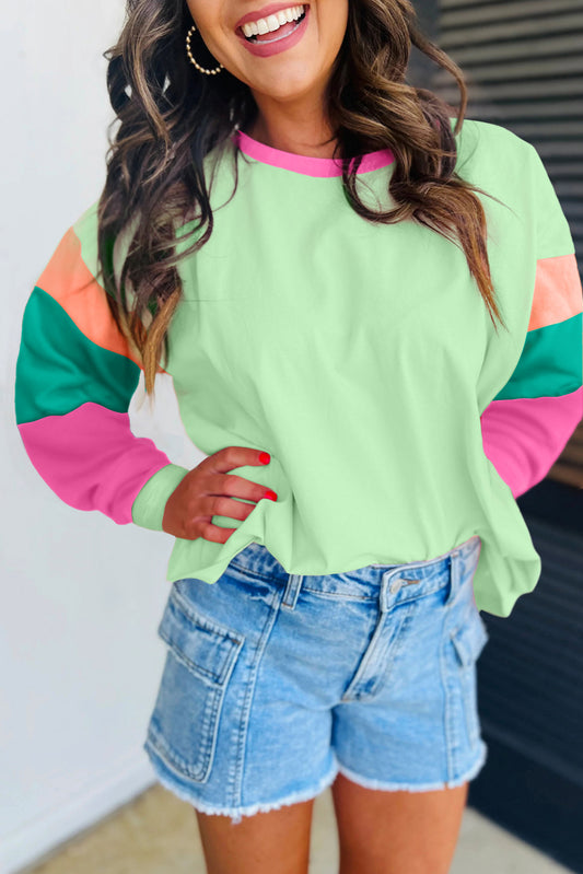 Green Colorblock Patchwork Long Sleeve Loose Top-Tops/Long Sleeve Tops-[Adult]-[Female]-Green-S-2022 Online Blue Zone Planet