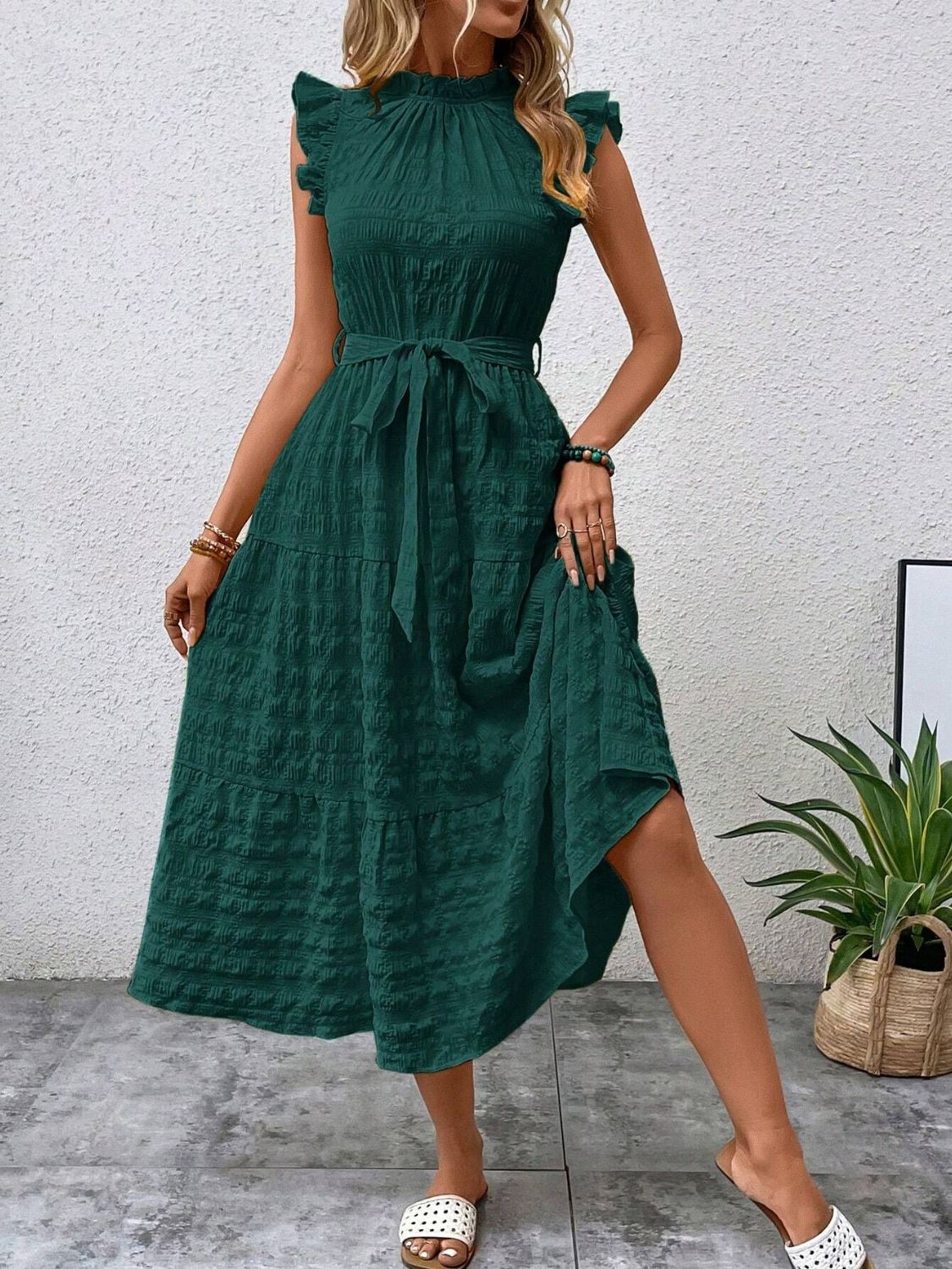 Tied Ruffled Cap Sleeve Midi Dress-TOPS / DRESSES-[Adult]-[Female]-Dark Green-S-2022 Online Blue Zone Planet