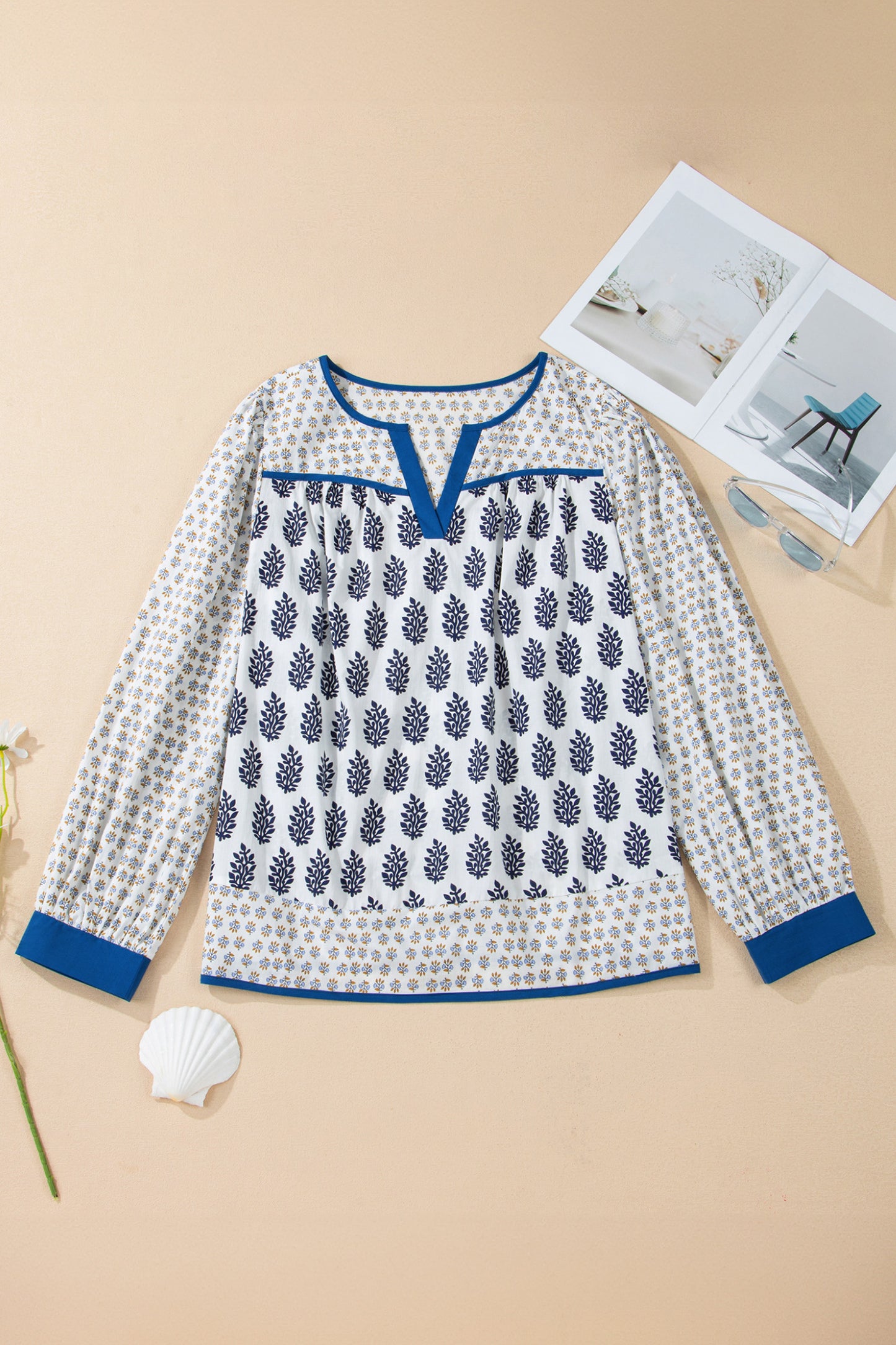 White Plus Size Boho Floral Print Contrast Trim Split Neck Puff Sleeve Patchwork Blouse-Plus Size/Plus Size Tops/Plus Size Blouses & Shirts-[Adult]-[Female]-2022 Online Blue Zone Planet