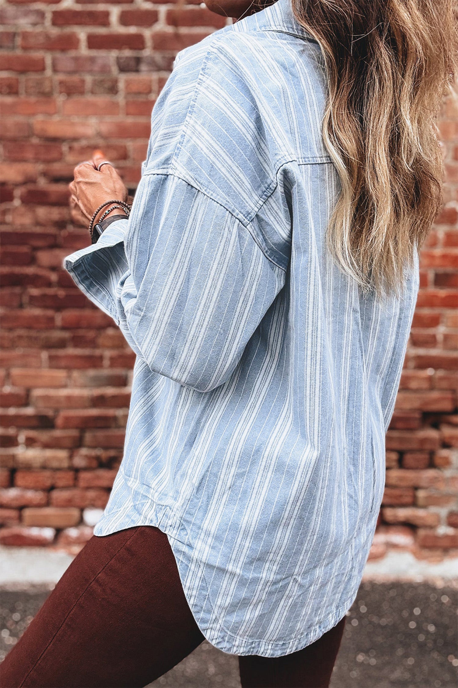 Sky Blue Stripe Boyfriend Chest Pocket Classic Denim Shacket-Outerwear/Denim jackets-[Adult]-[Female]-2022 Online Blue Zone Planet