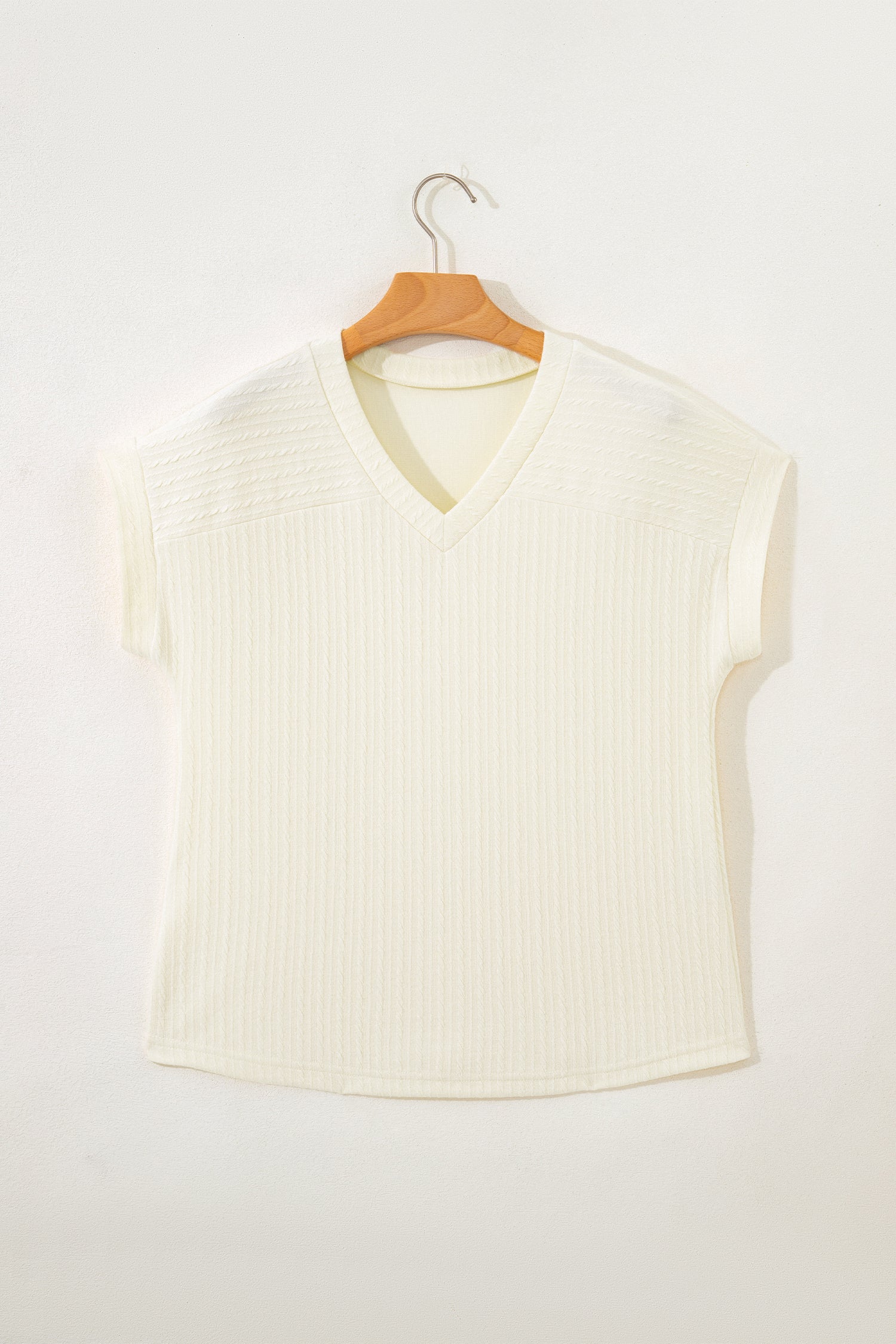 Beige Twisted Texture Knit V Neck T Shirt-Tops/Tops & Tees-[Adult]-[Female]-2022 Online Blue Zone Planet
