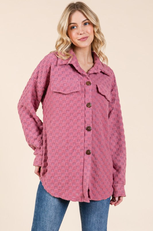 Blue Zone Planet | BOMBOM Checkered Button Down Dropped Shoulder Shacket-TOPS / DRESSES-[Adult]-[Female]-Deep Rose-S-2022 Online Blue Zone Planet