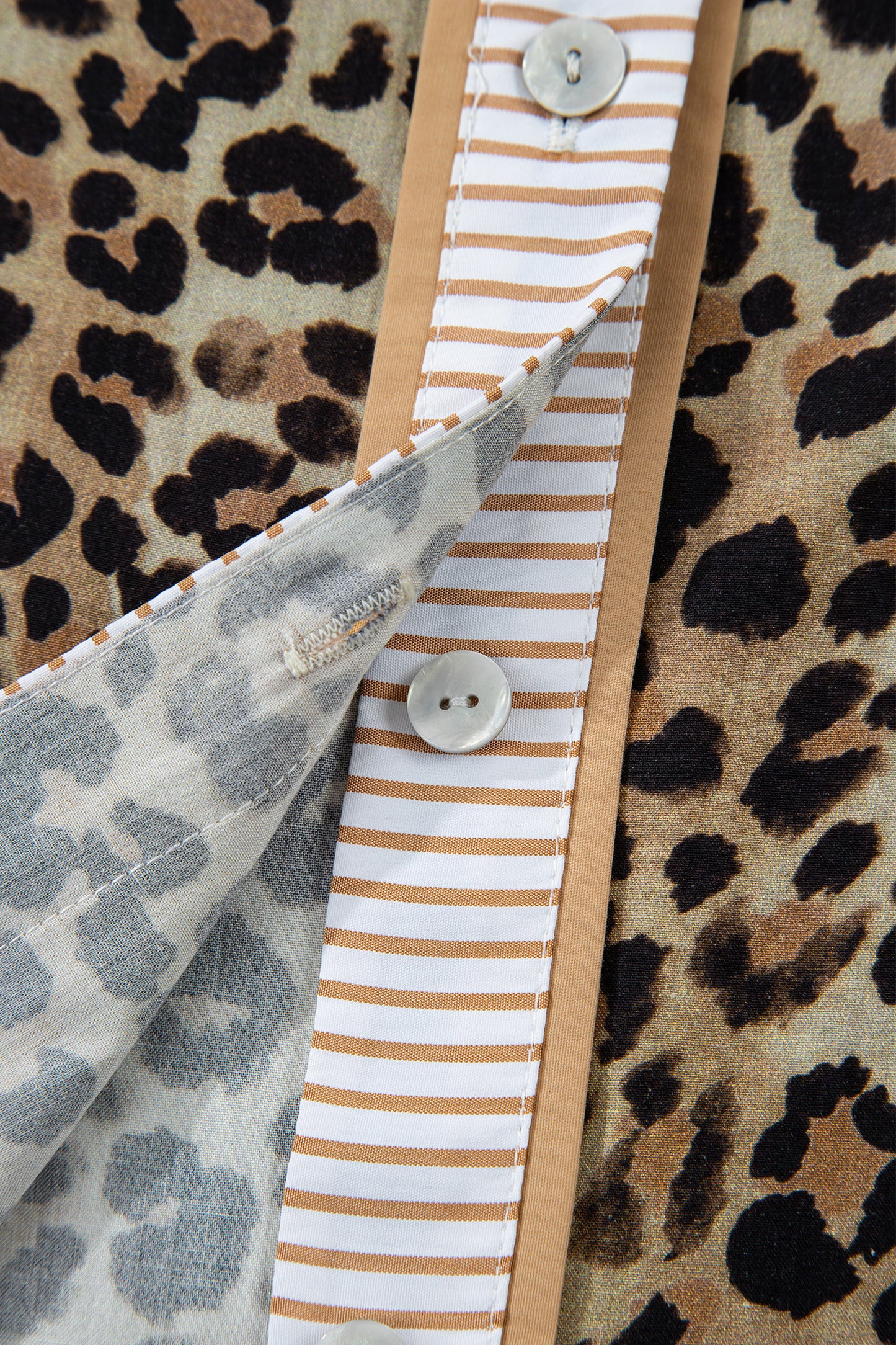 Khaki Contrast Striped Trim V Neck Leopard Shirt-Tops/Blouses & Shirts-[Adult]-[Female]-2022 Online Blue Zone Planet