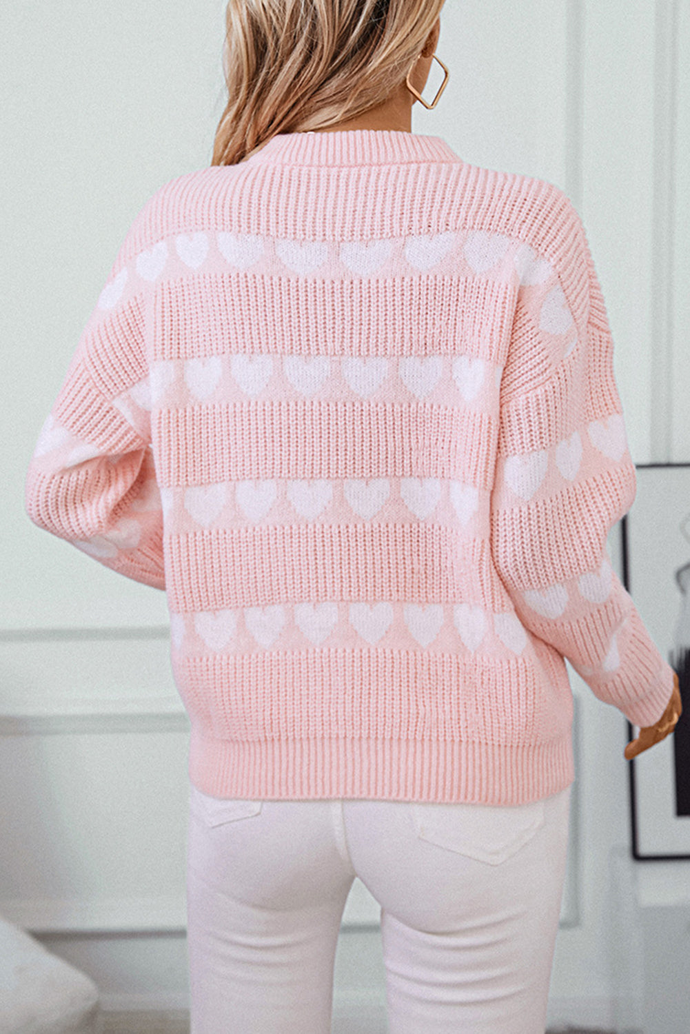 Light Pink Heart Print Round Neck Casual Knit Sweater-Sweaters-[Adult]-[Female]-2022 Online Blue Zone Planet