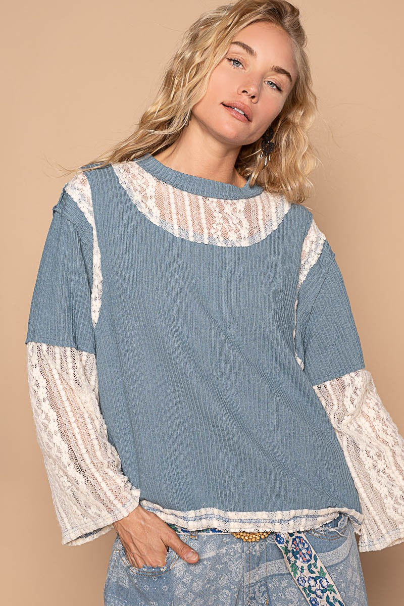 Blue Zone Planet | POL Lace Panel Round Neck Long Sleeve Top-TOPS / DRESSES-[Adult]-[Female]-2022 Online Blue Zone Planet