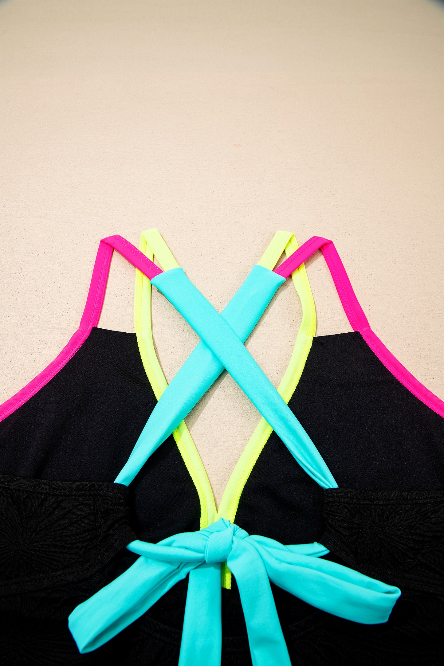 Black Floral Textured Neon Trim V Neck Crisscross Backless Tankini Set-Swimwear/Tankinis-[Adult]-[Female]-2022 Online Blue Zone Planet