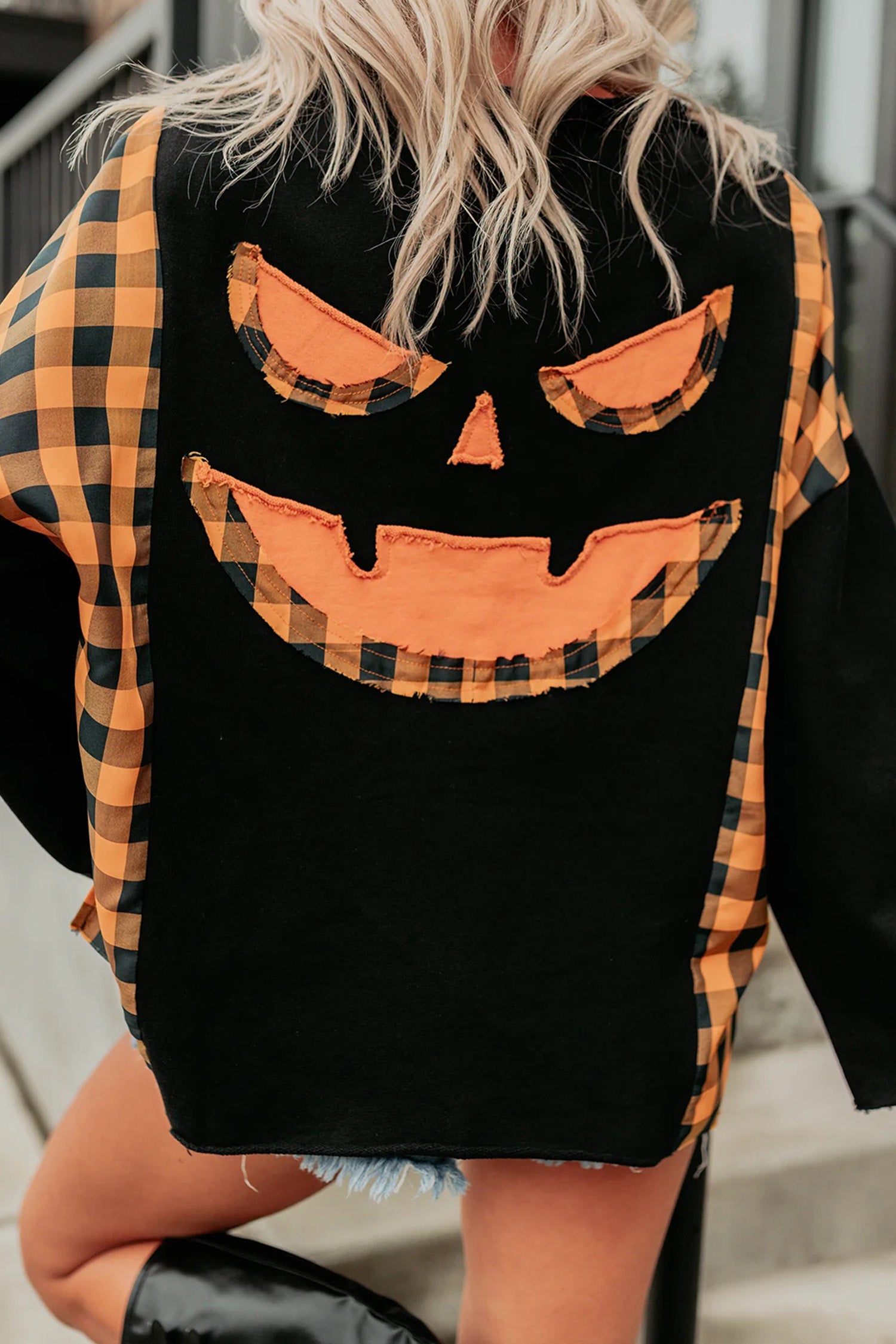 Black Patchwork Plaid Pumpkin Face Long Sleeve Top-Tops/Long Sleeve Tops-[Adult]-[Female]-2022 Online Blue Zone Planet