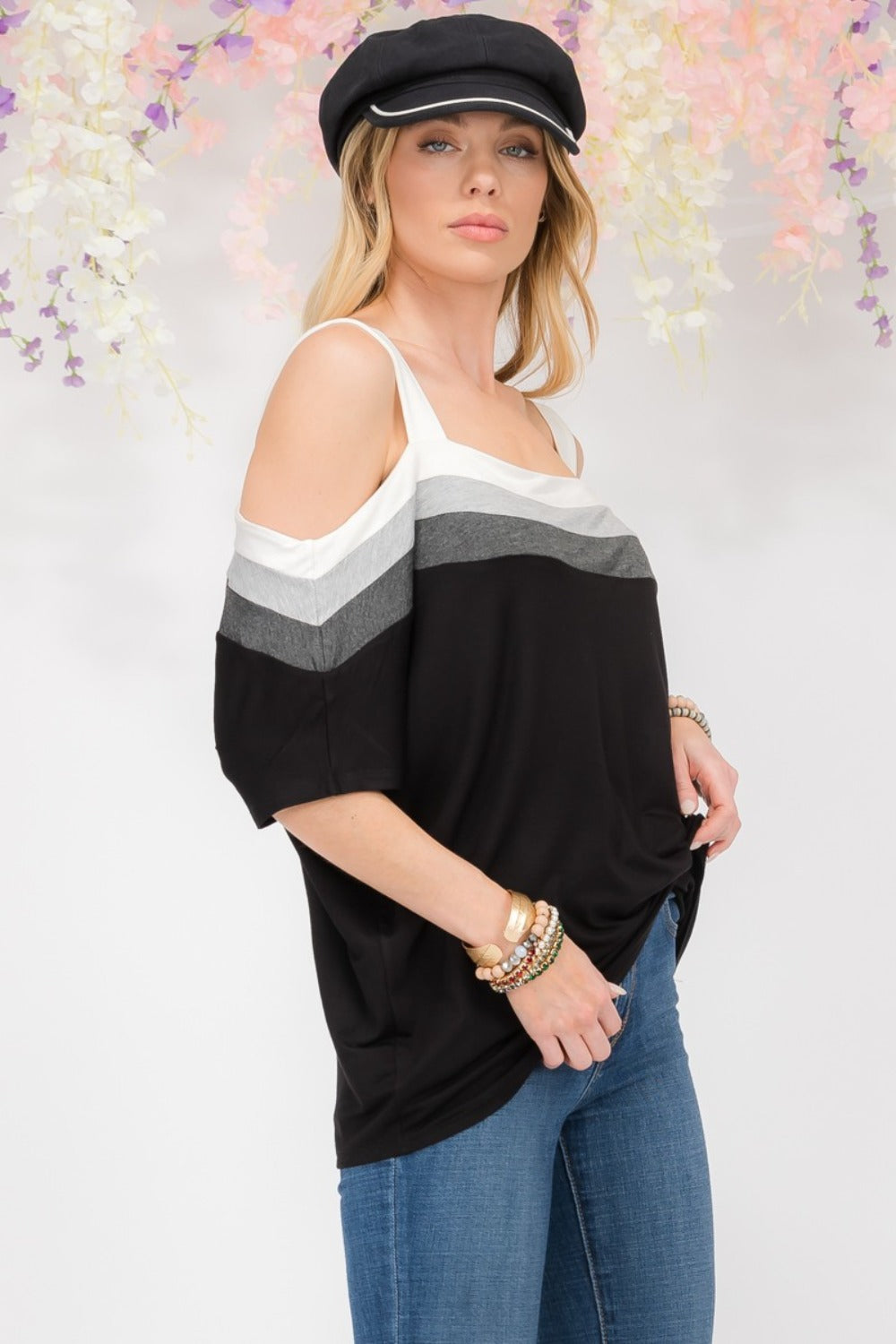 Celeste Full Size Striped Cold Shoulder Top-TOPS / DRESSES-[Adult]-[Female]-2022 Online Blue Zone Planet